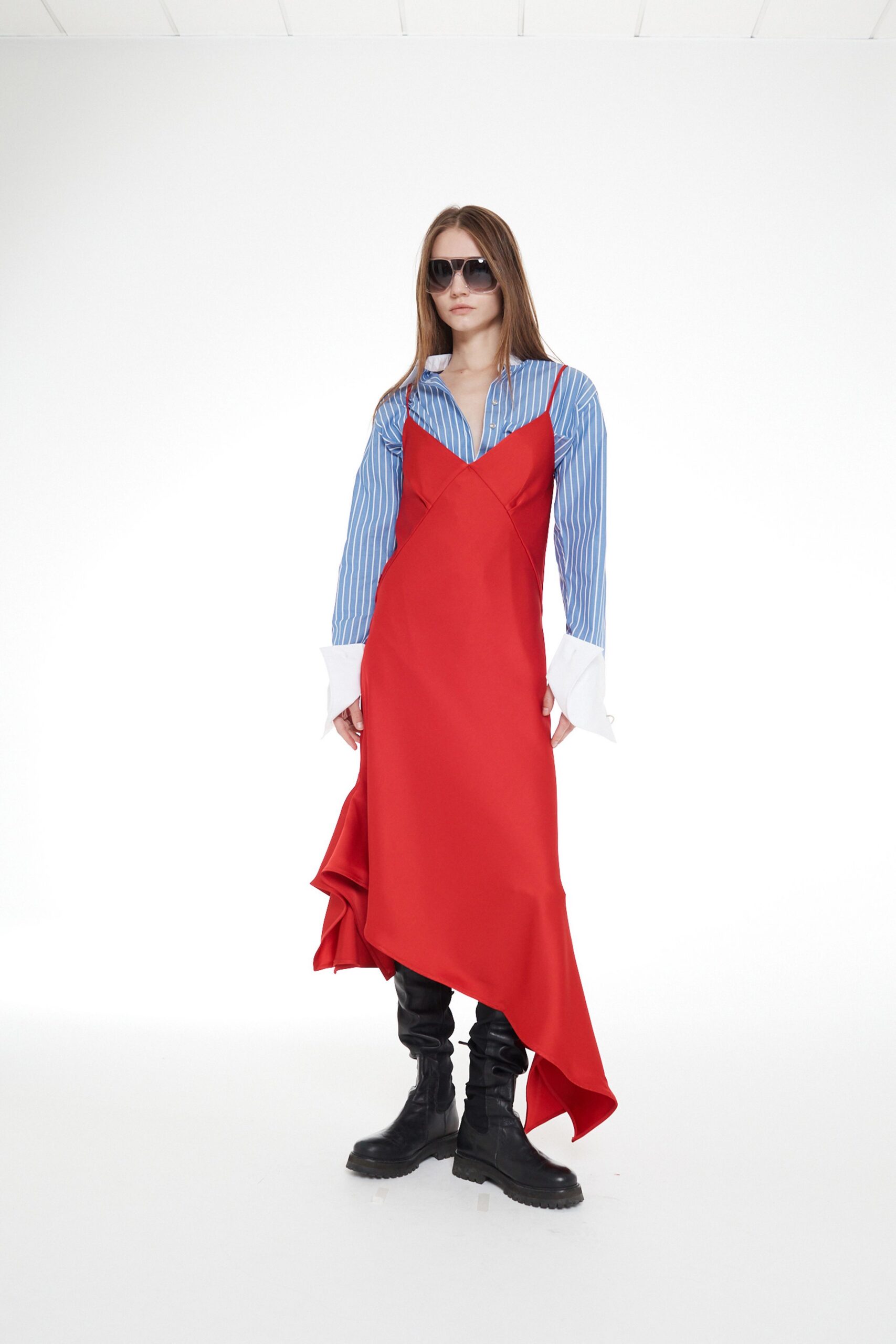 red silk sleeveless v-neck fitted layered midi dress