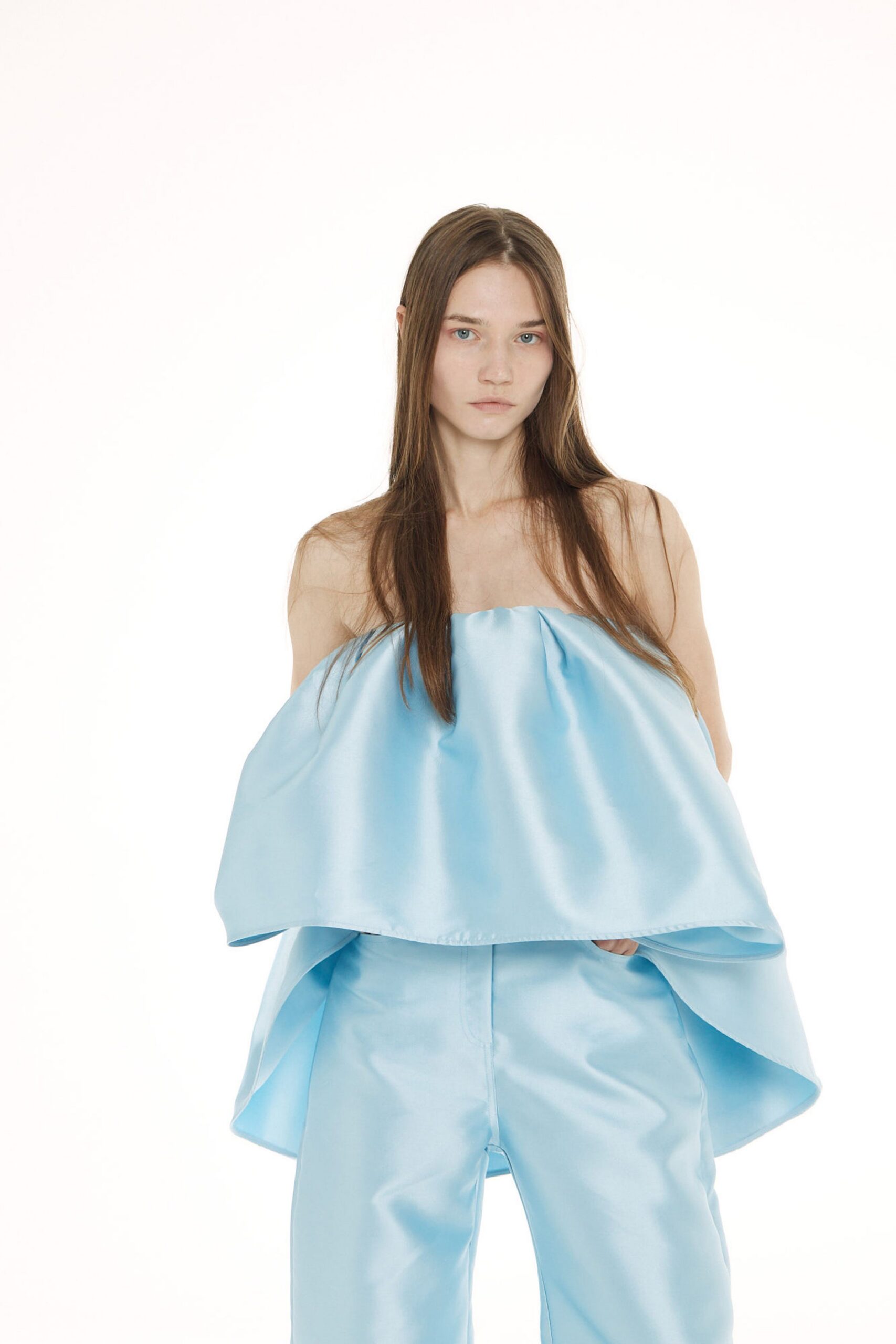 blue satin sleeveless relaxed draped shiny top