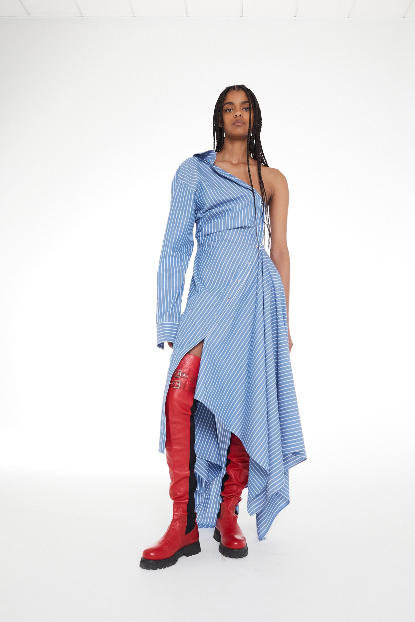 blue cotton sleeveless asymmetric fitted striped draped dress