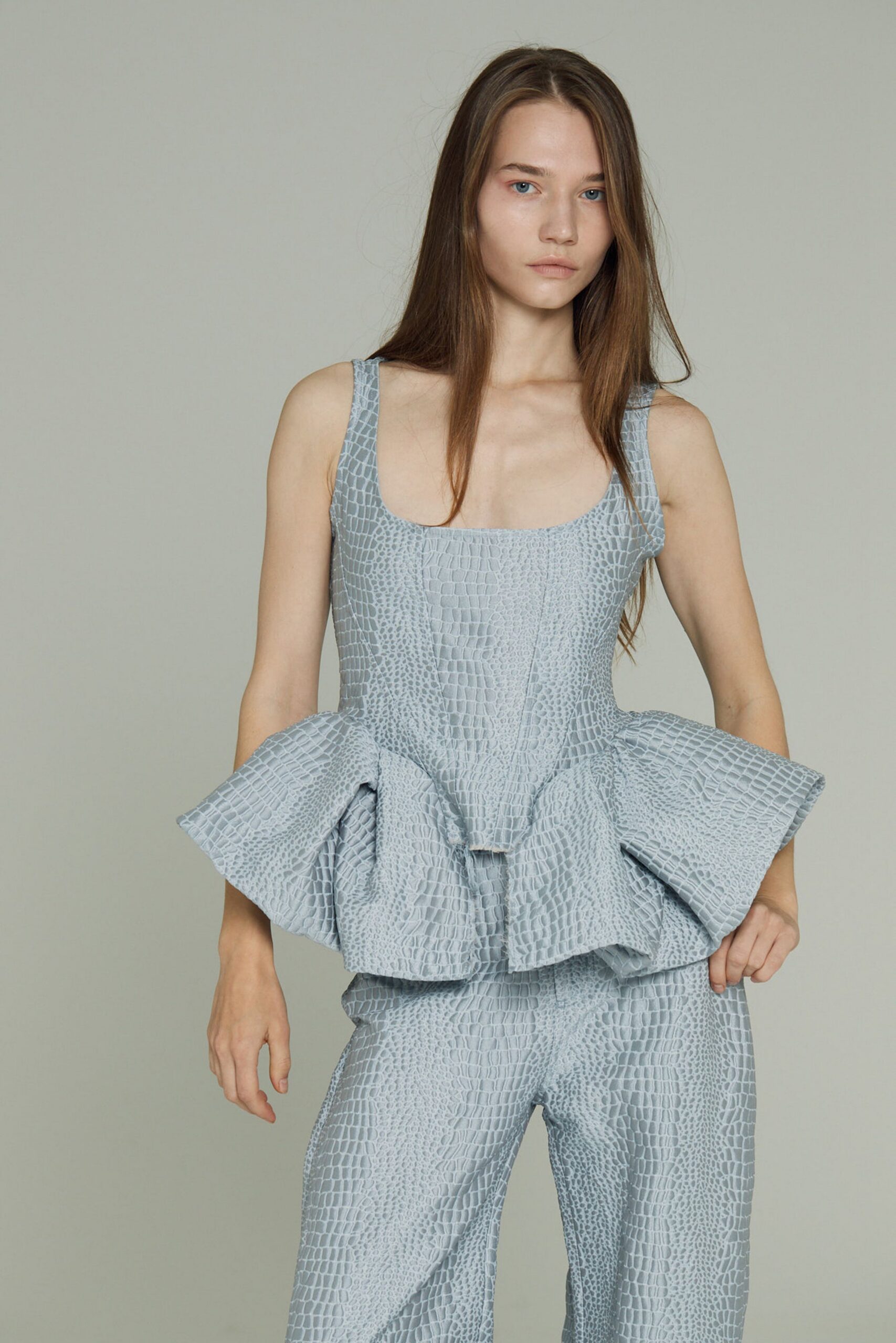 blue cotton sleeveless square-neck fitted pleated top