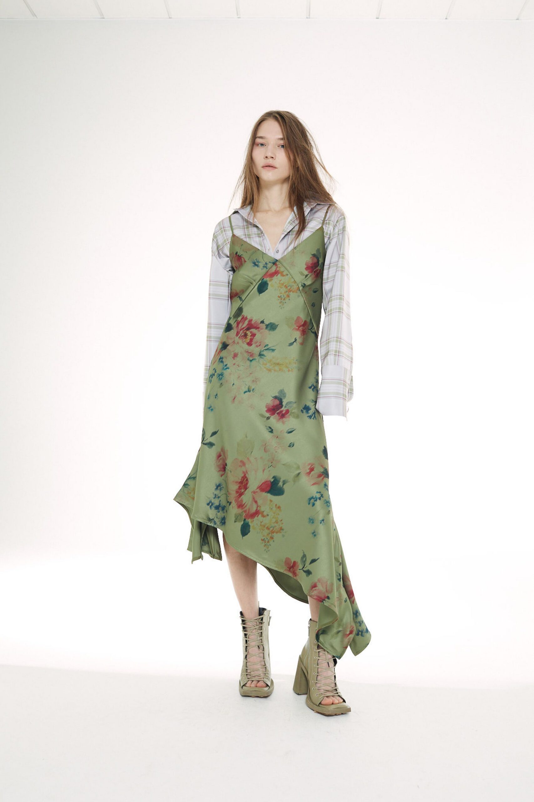 green silk sleeveless v-neck fitted floral flared dress