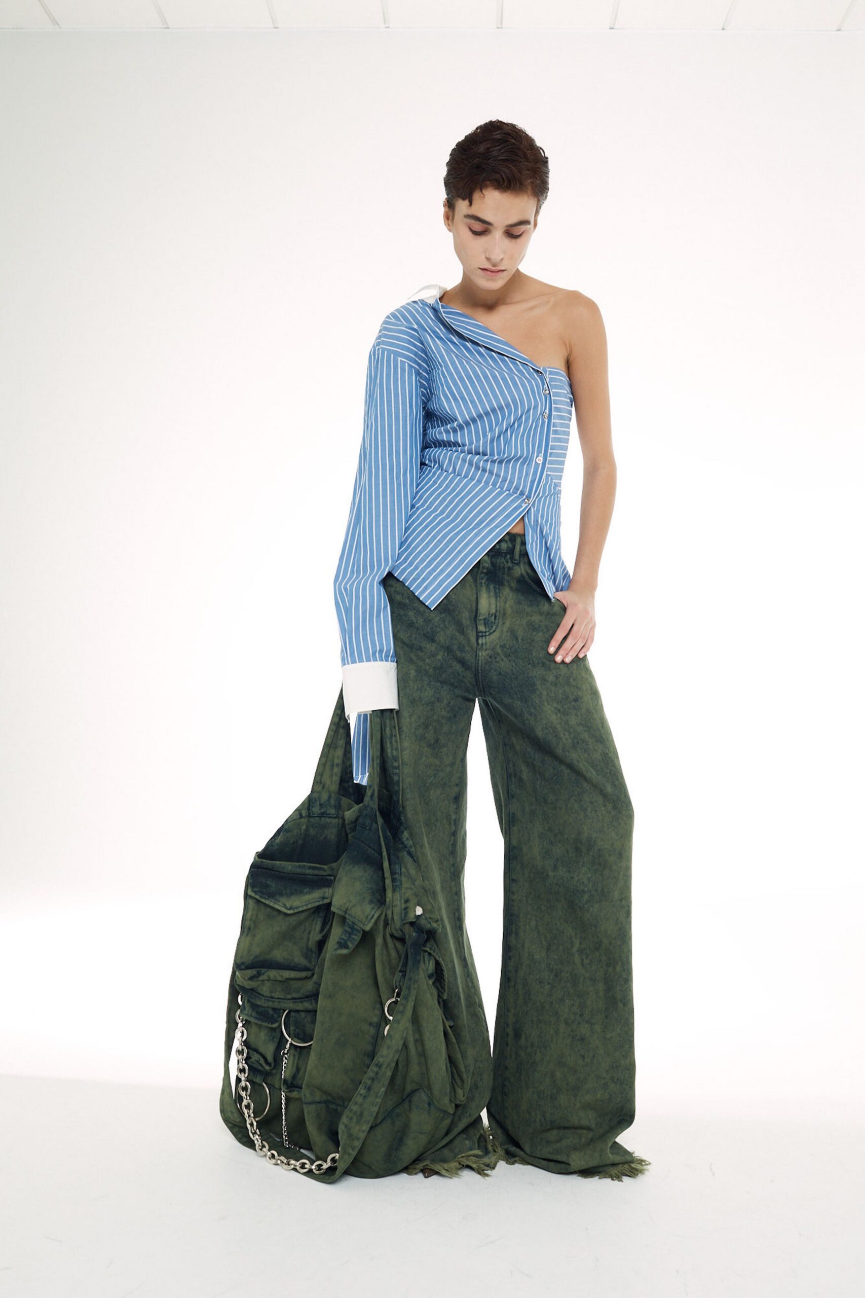 green cotton relaxed wide-leg pants