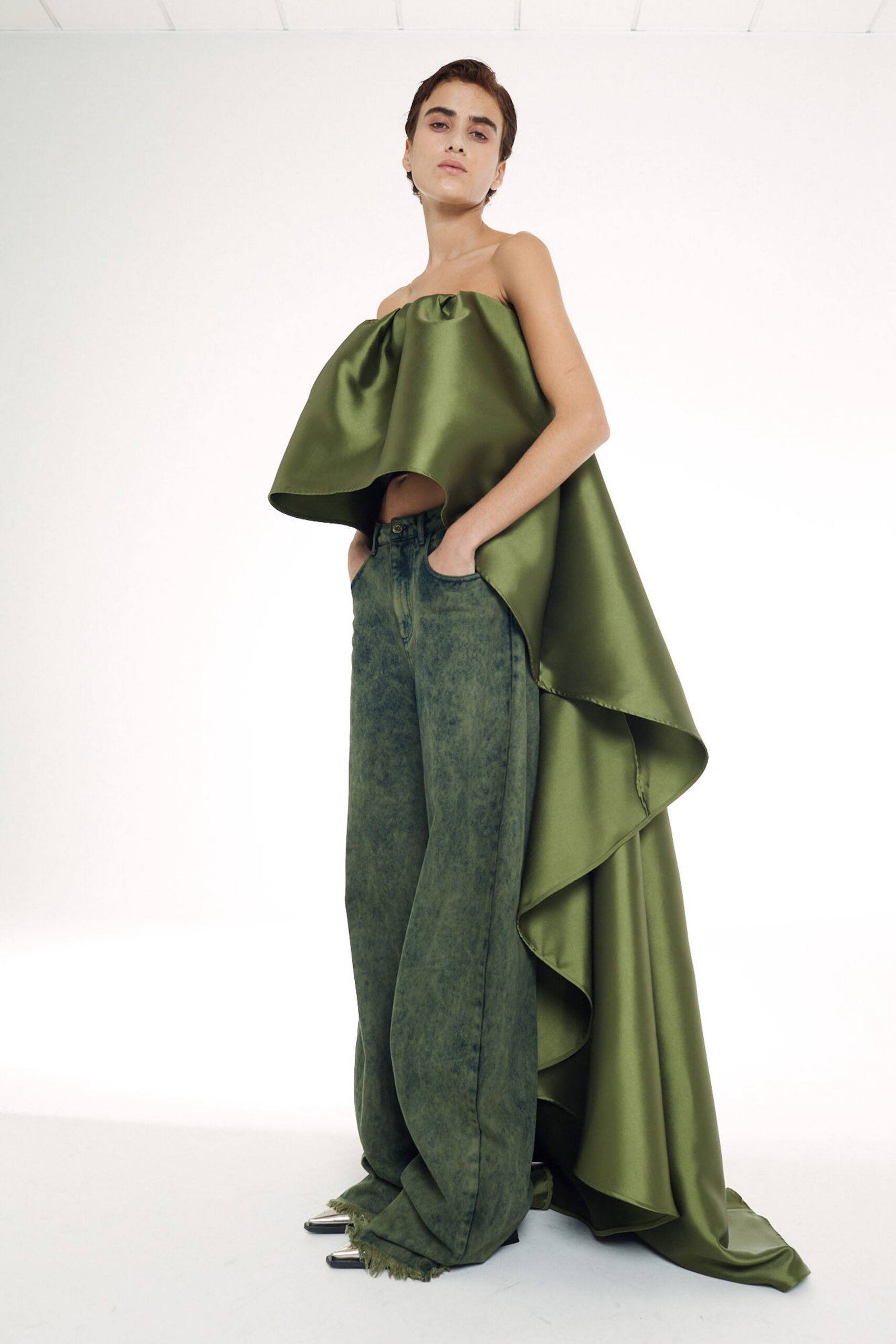green silk strapless relaxed draped top