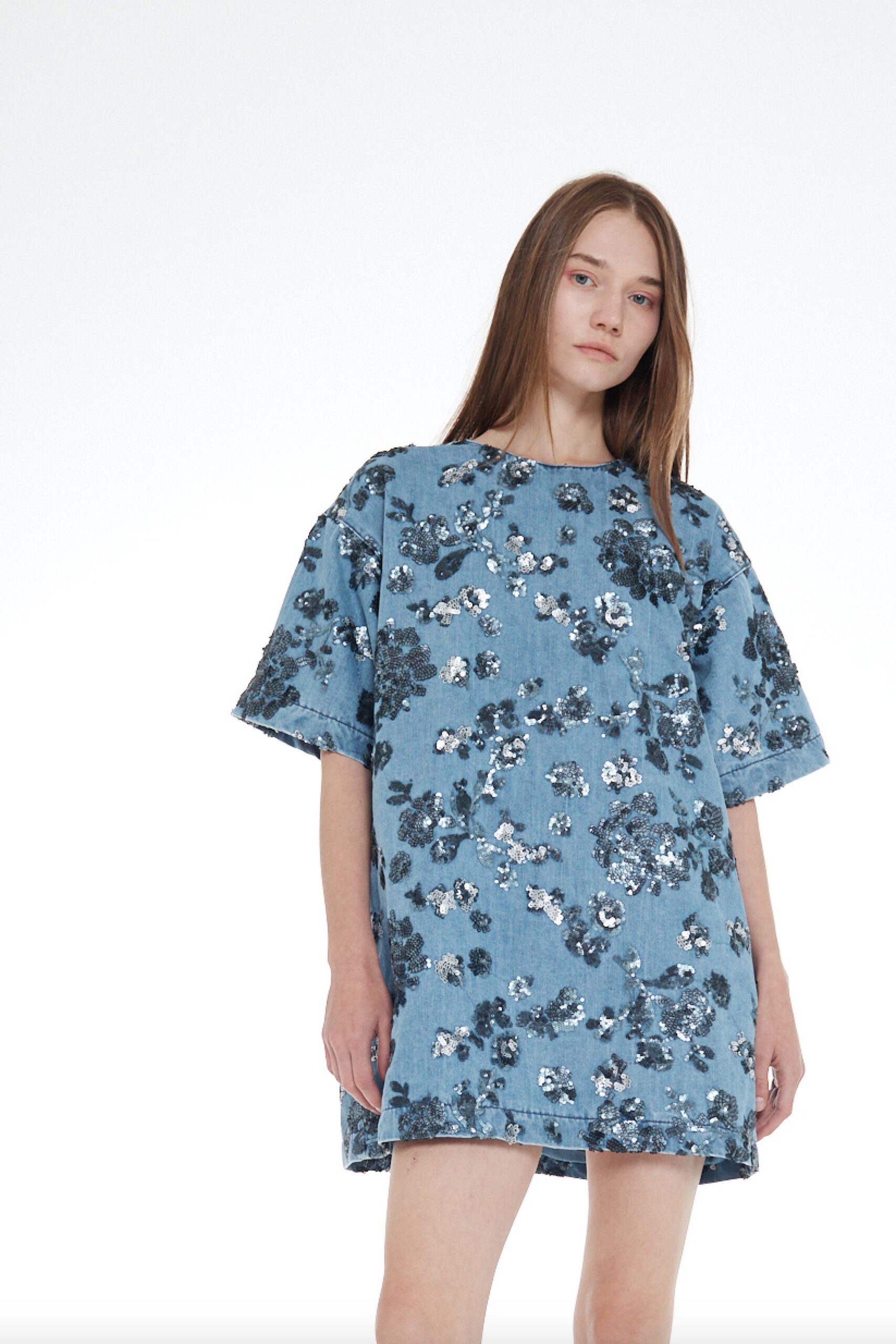blue denim floral dress