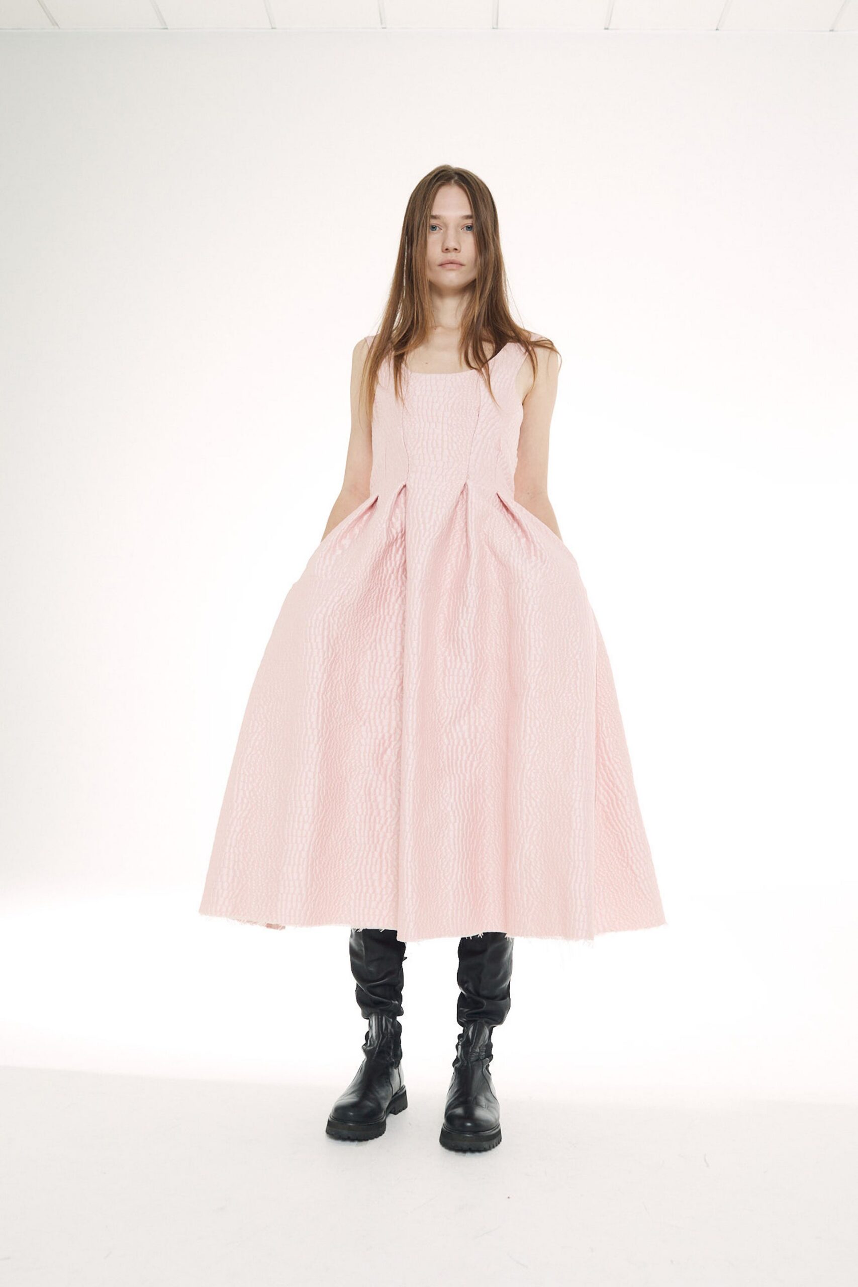 pink cotton sleeveless square-neck fitted pleated a-line dress