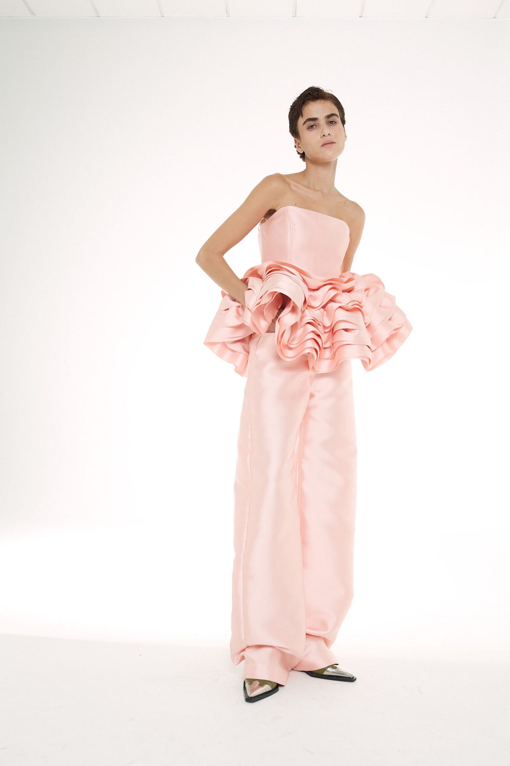pink satin strapless fitted ruffled jumpsuit