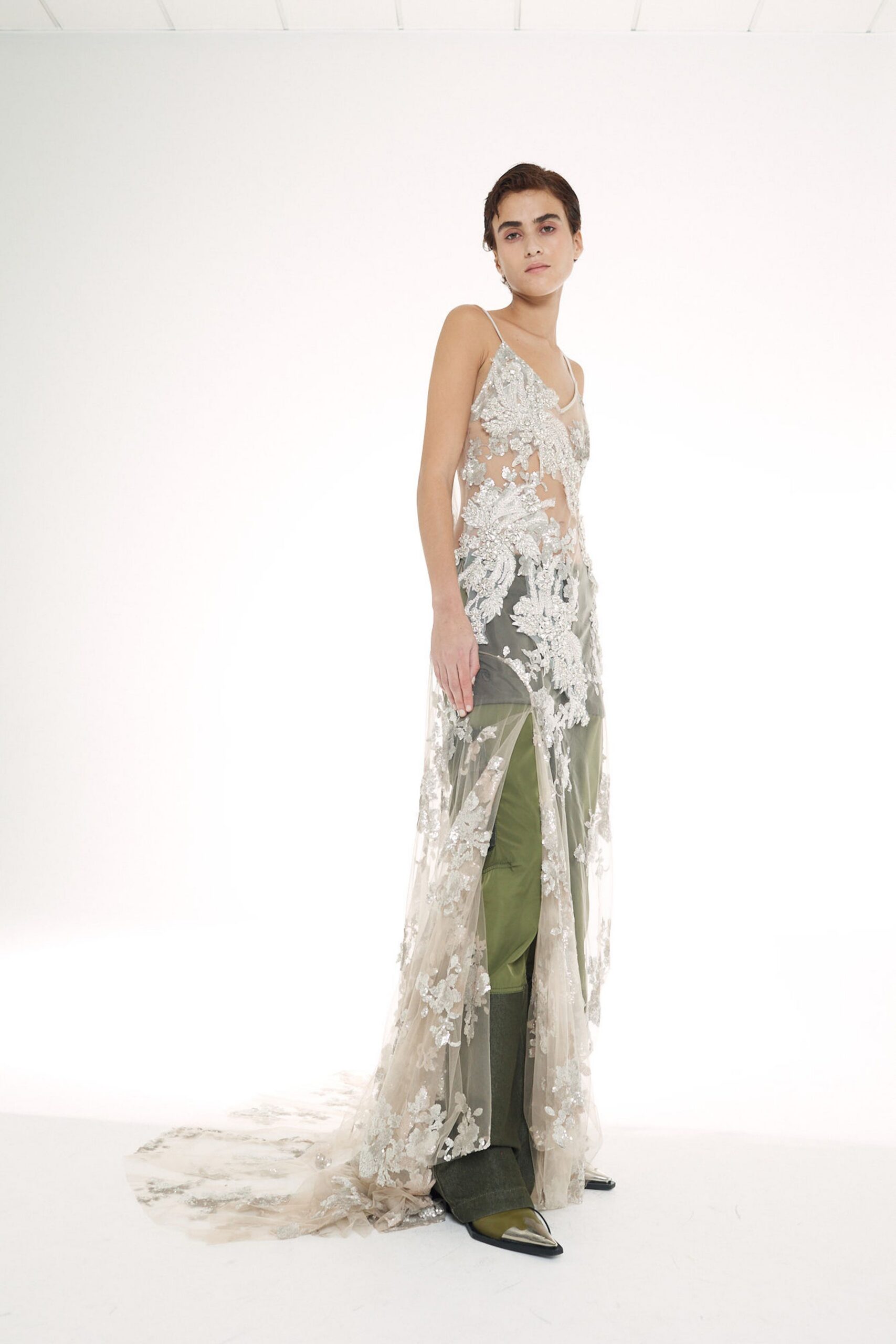 beige silk sleeveless v-neck fitted embroidered layered gown