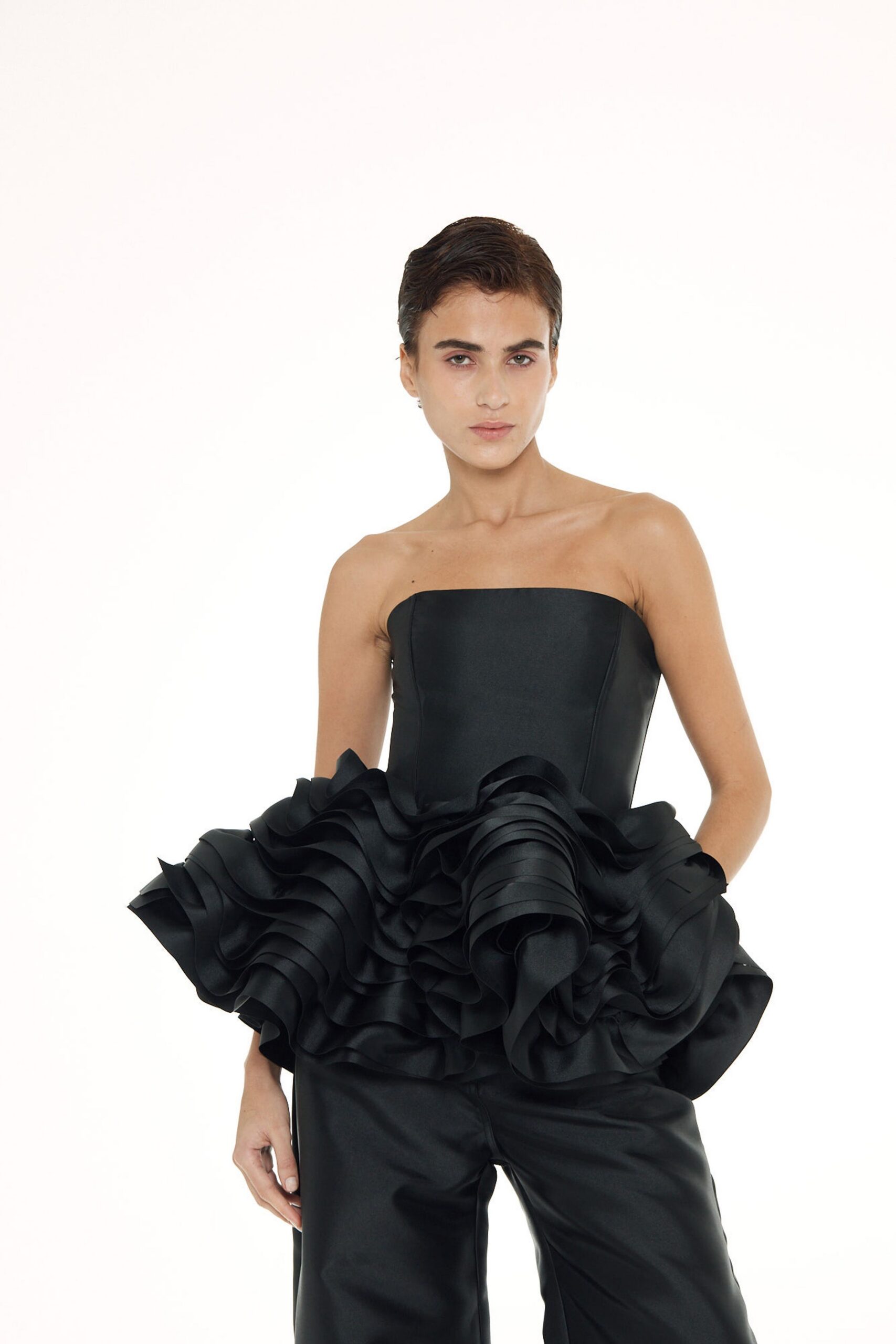 black silk strapless fitted ruffled top