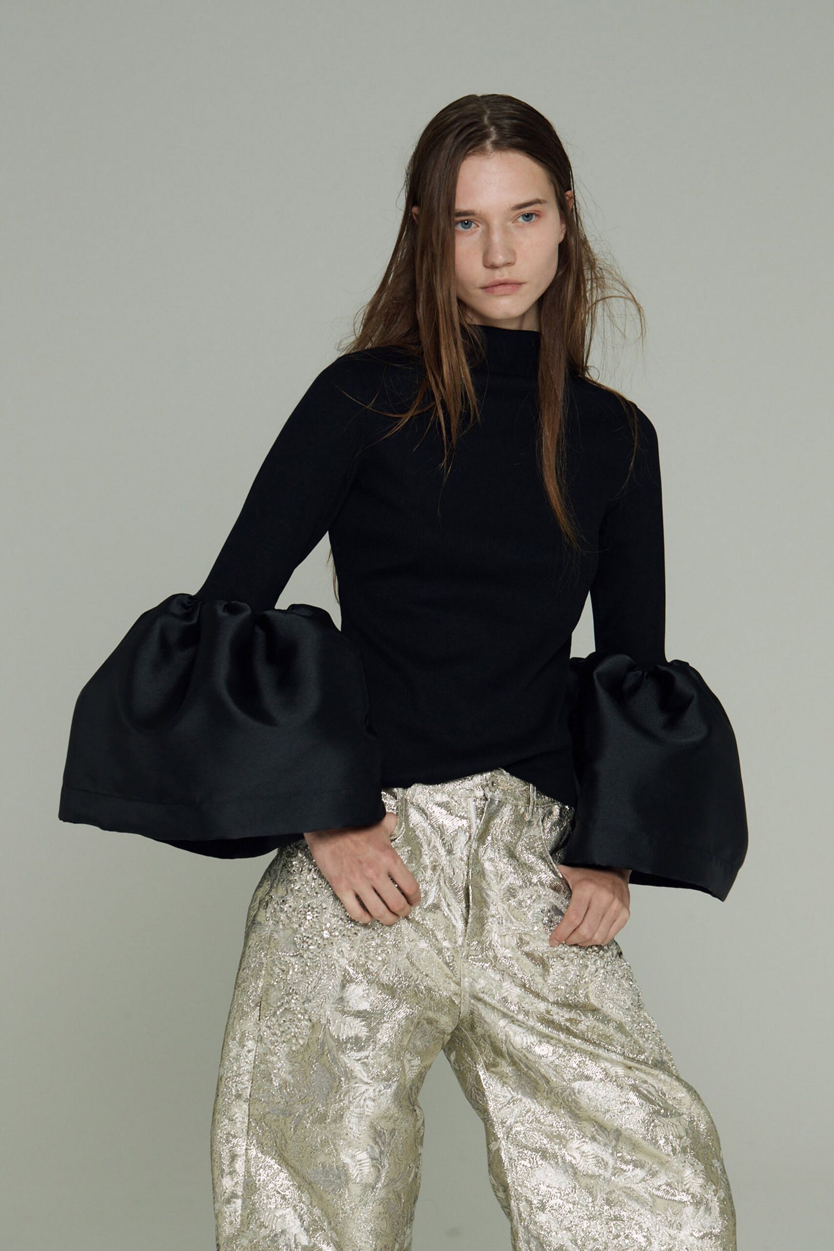 black wool long-sleeve high-neck fitted padded top