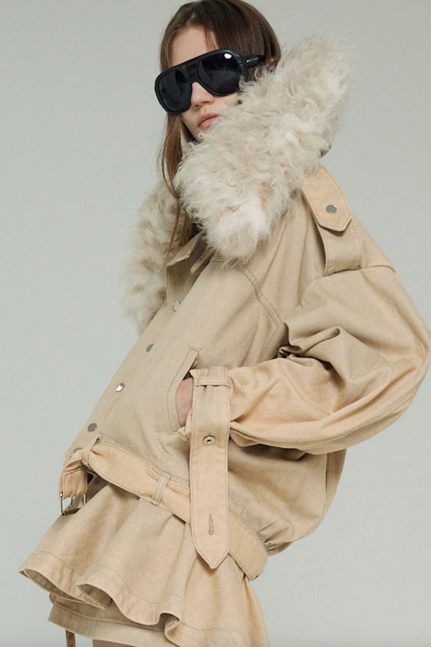 beige cotton long-sleeve collared oversized fringed zippered jacket