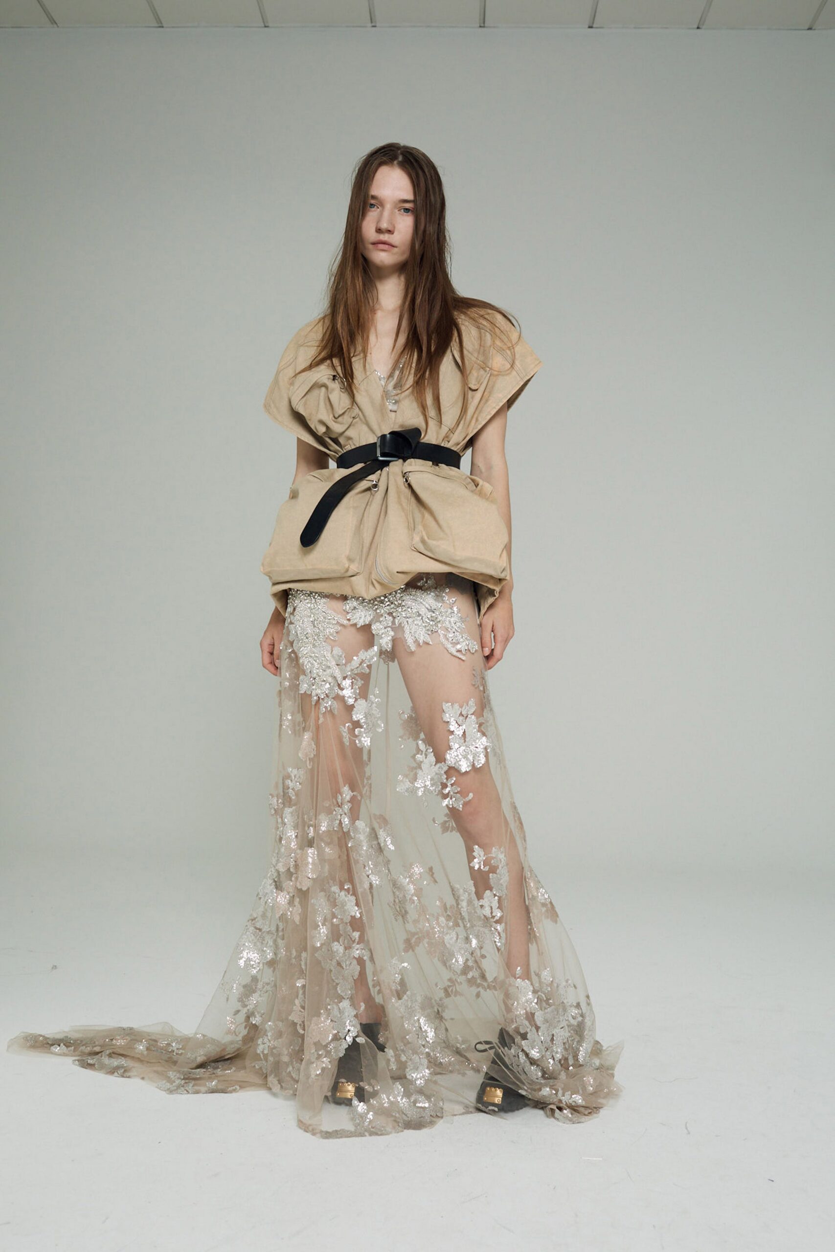beige tulle long-sleeve fitted embroidered flowing skirt