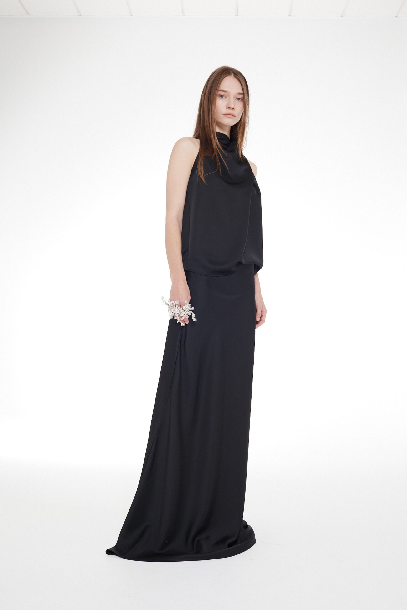 black silk sleeveless gown