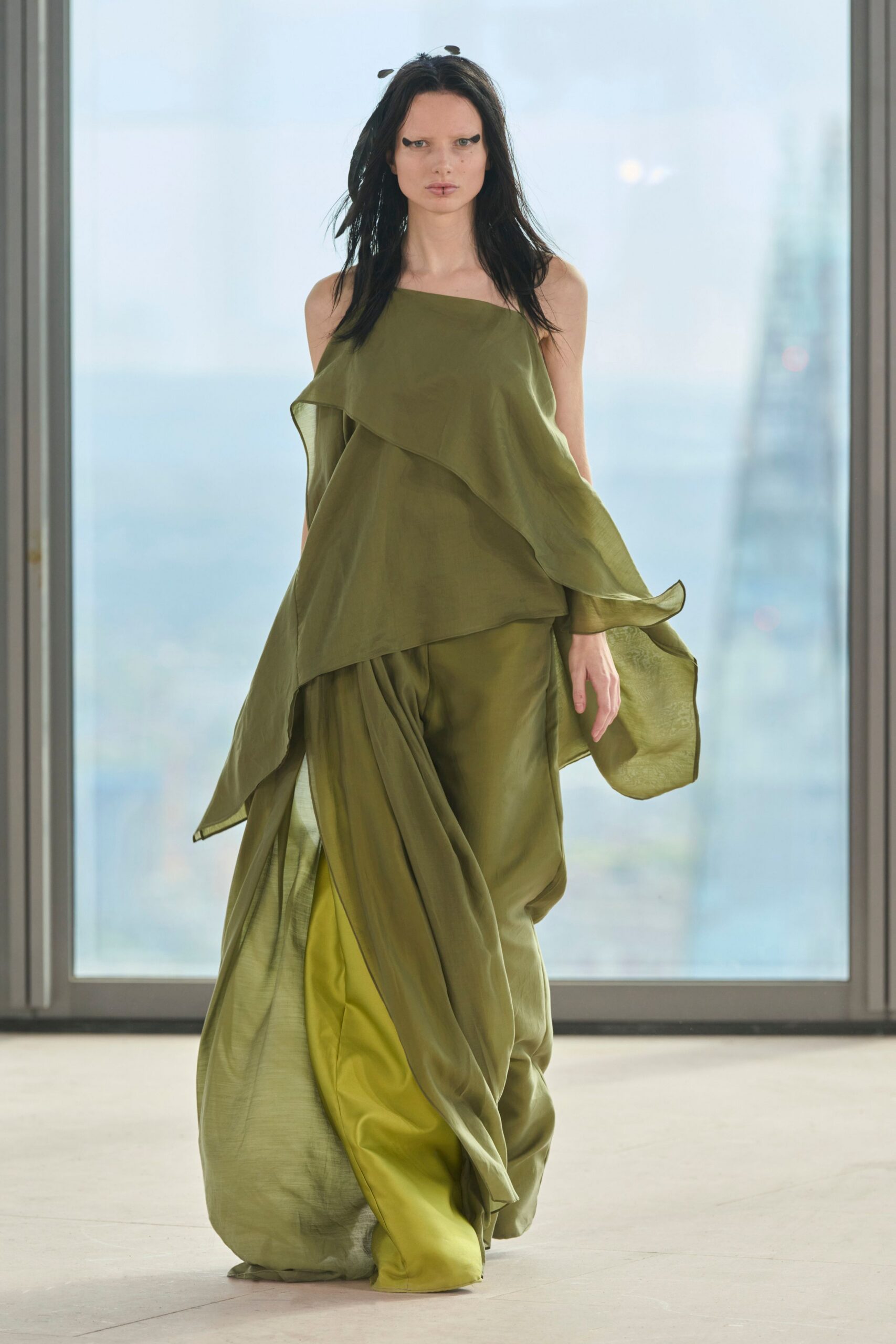 green silk sleeveless gown