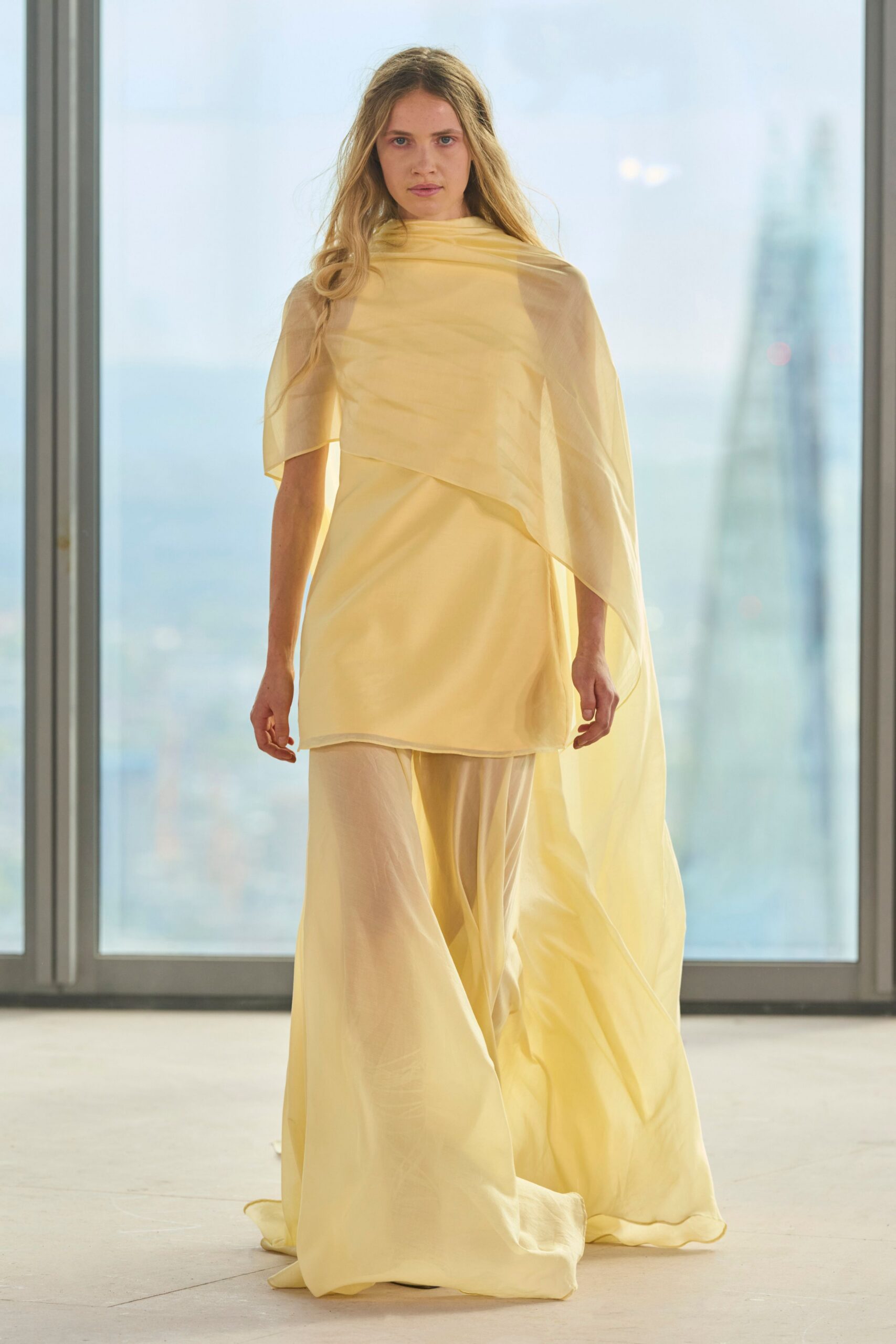 yellow chiffon sleeveless high-neck relaxed draped flowing top