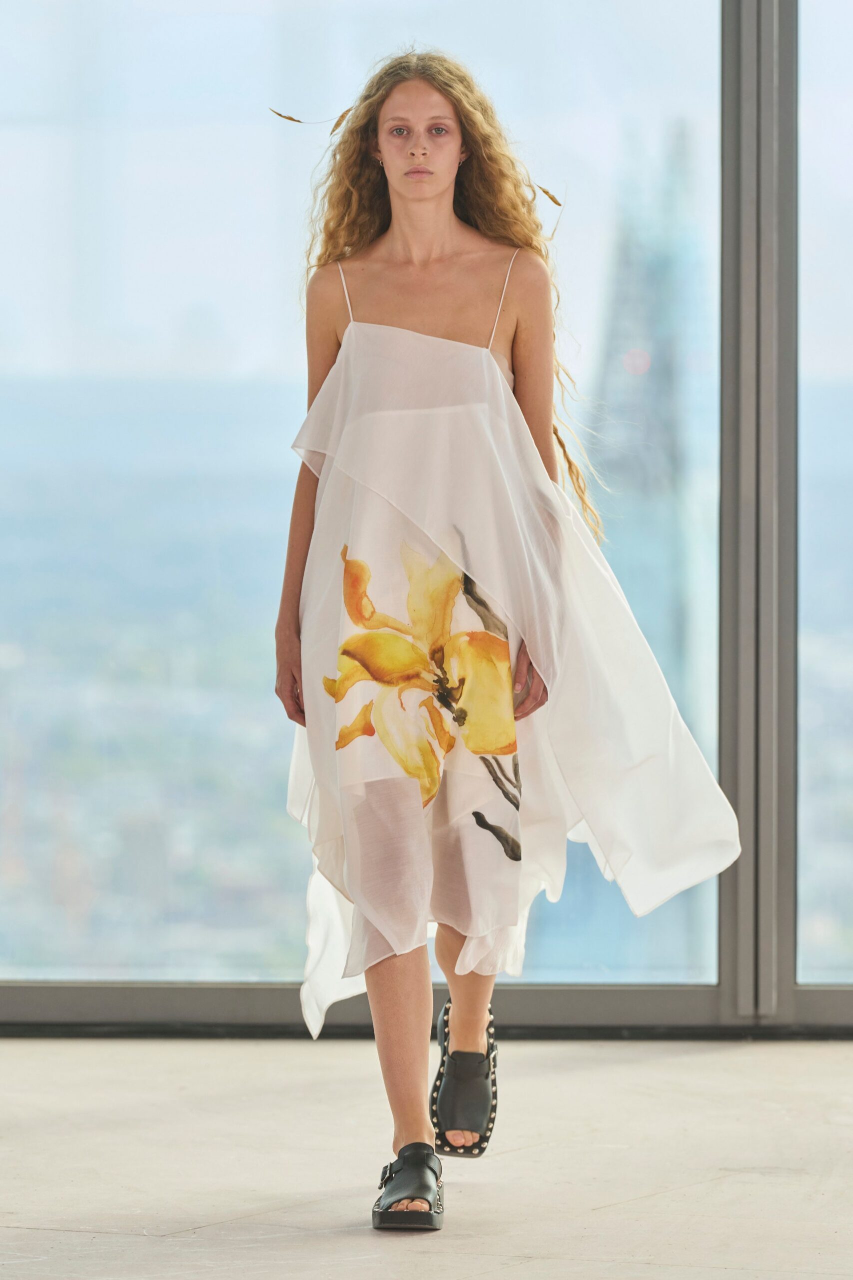 white chiffon sleeveless relaxed floral draped flowing dress