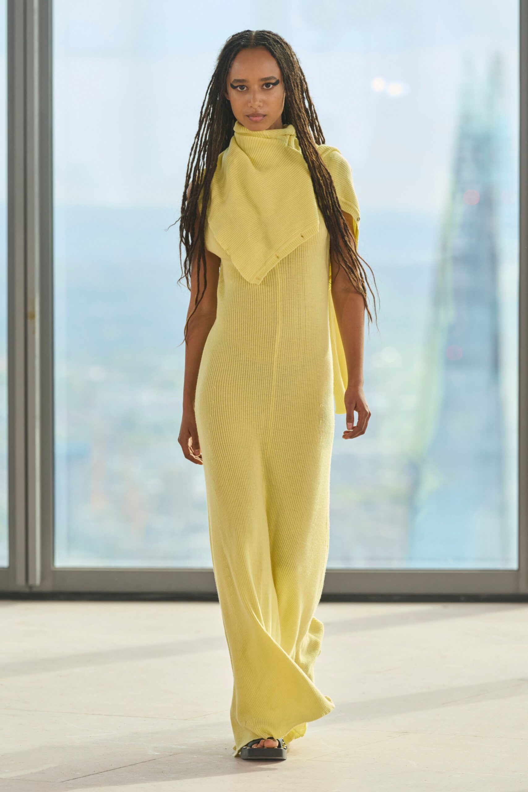 yellow cotton sleeveless high-neck fitted ribbed maxi dress