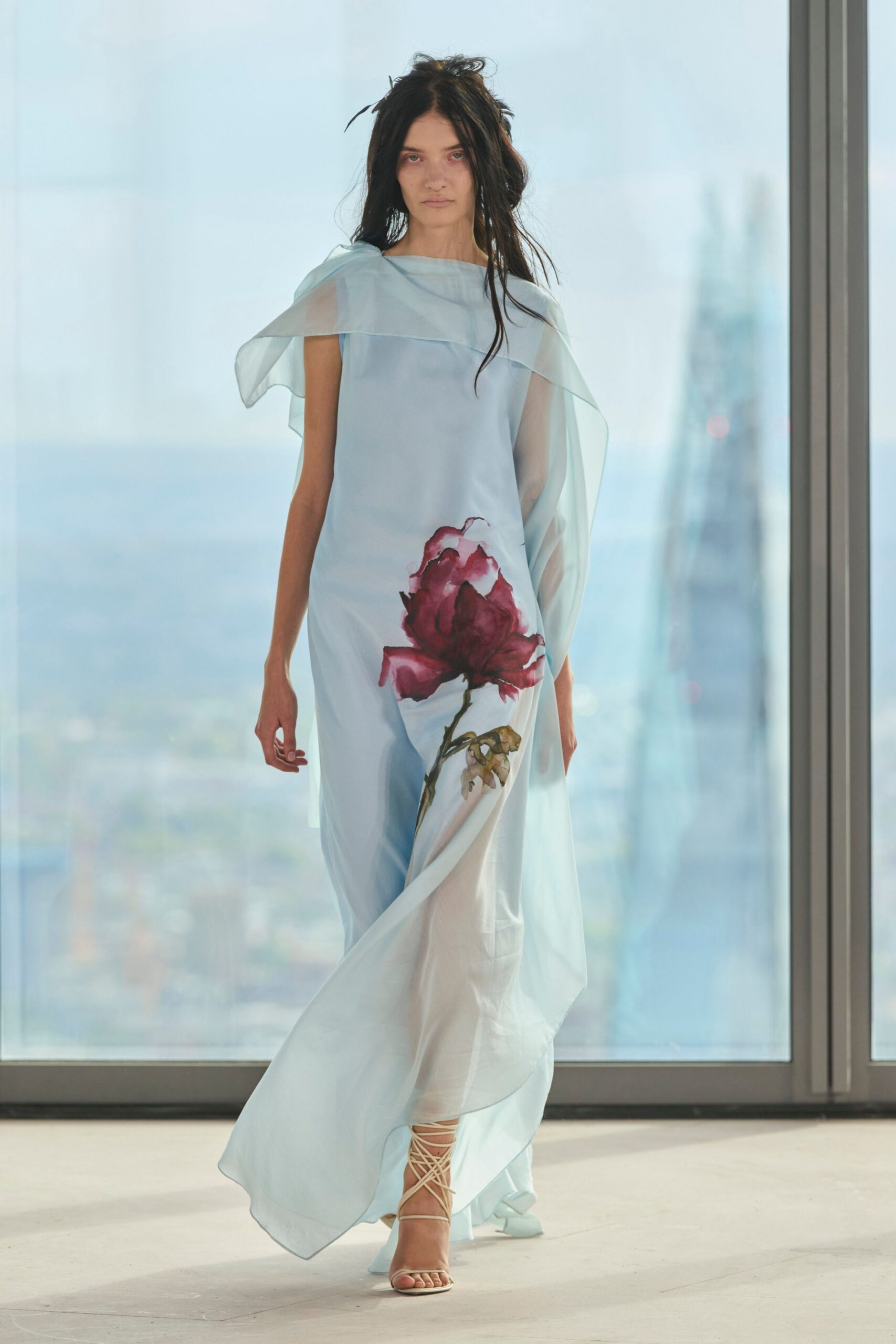blue chiffon sleeveless high-neck fitted floral draped gown
