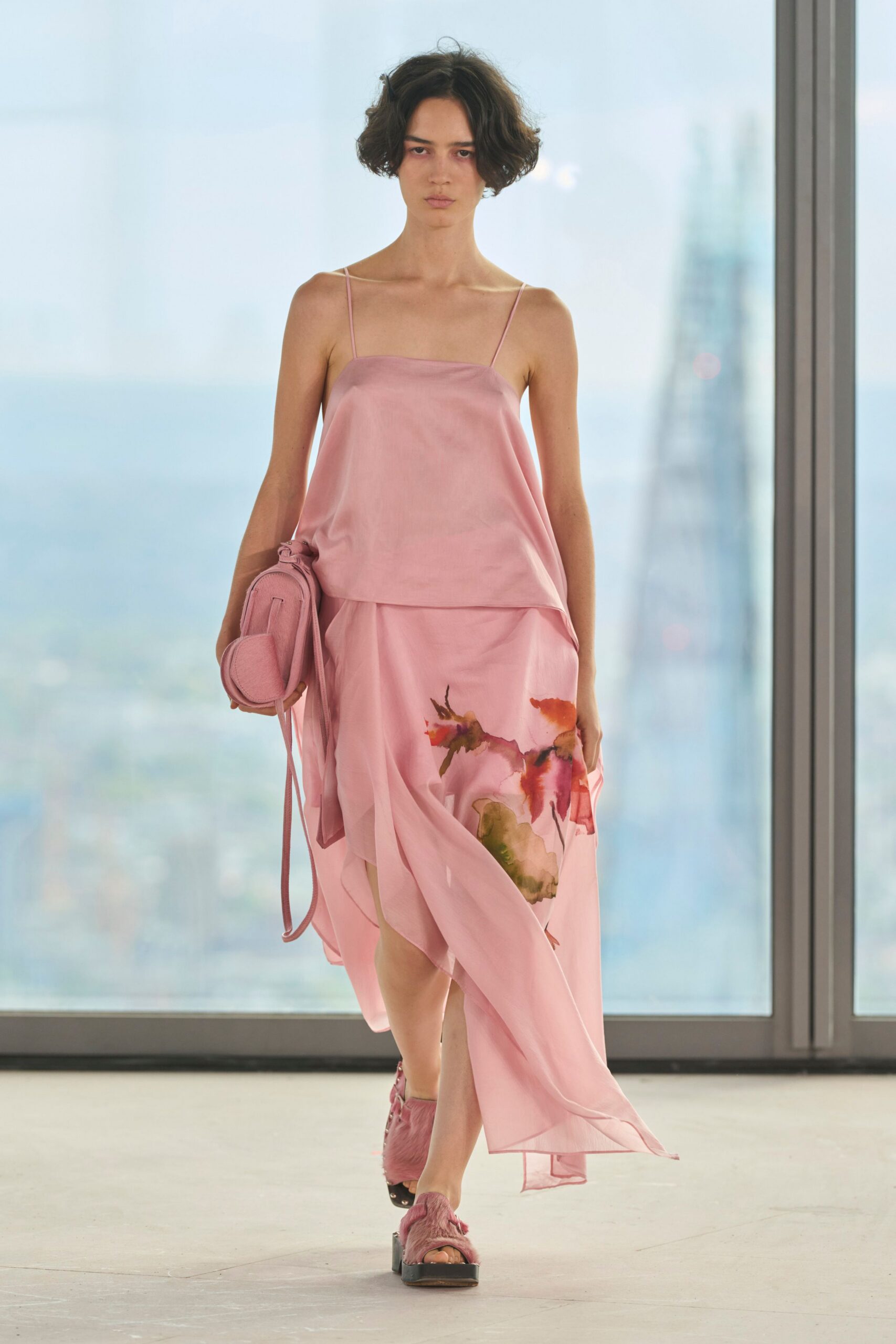 pink silk asymmetric fitted flared flowing midi skirt