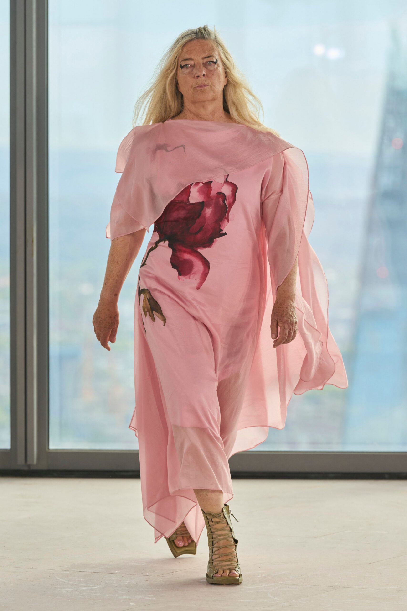 pink chiffon sleeveless high-neck relaxed floral draped dress