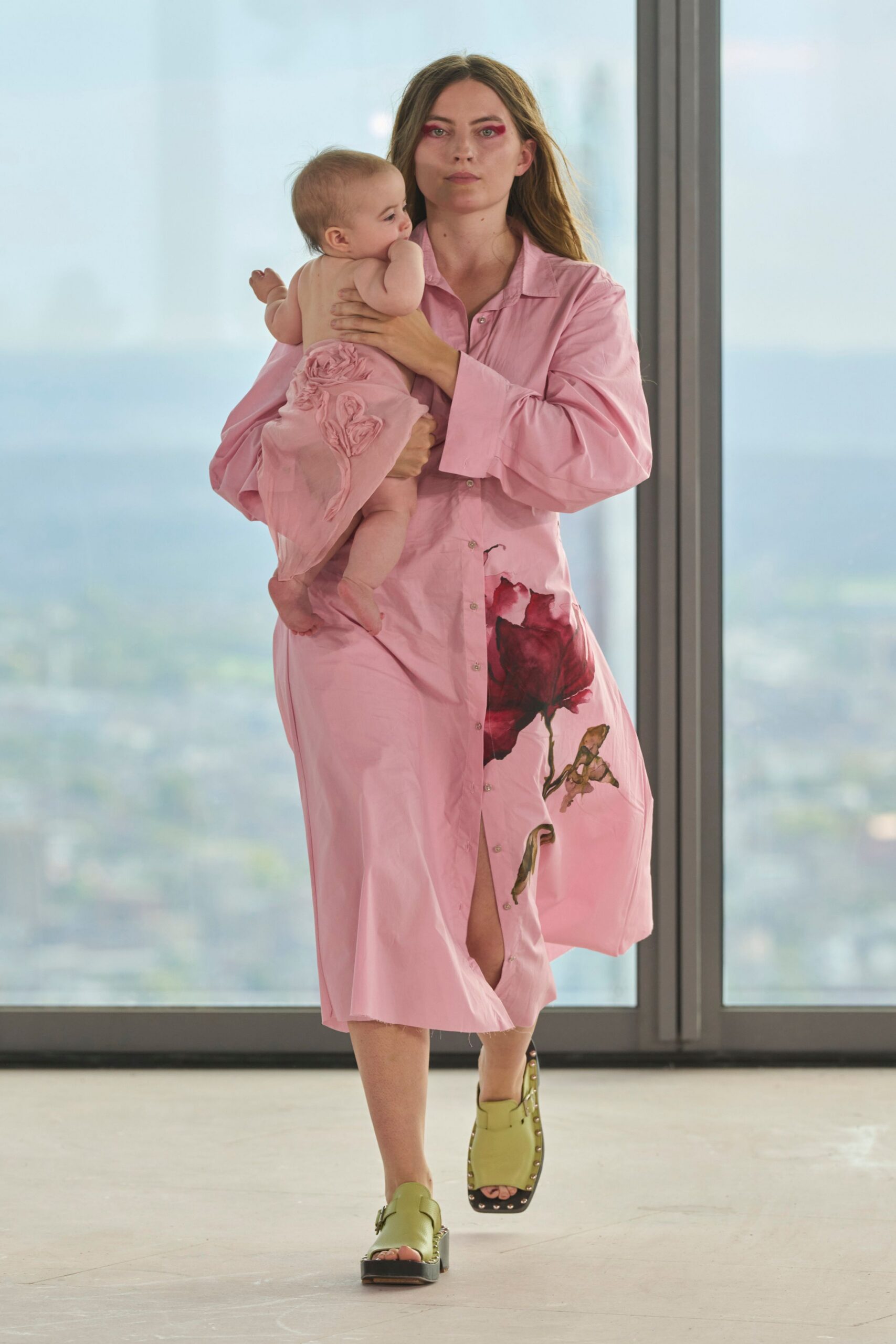 pink cotton long-sleeve collared relaxed floral buttoned dress