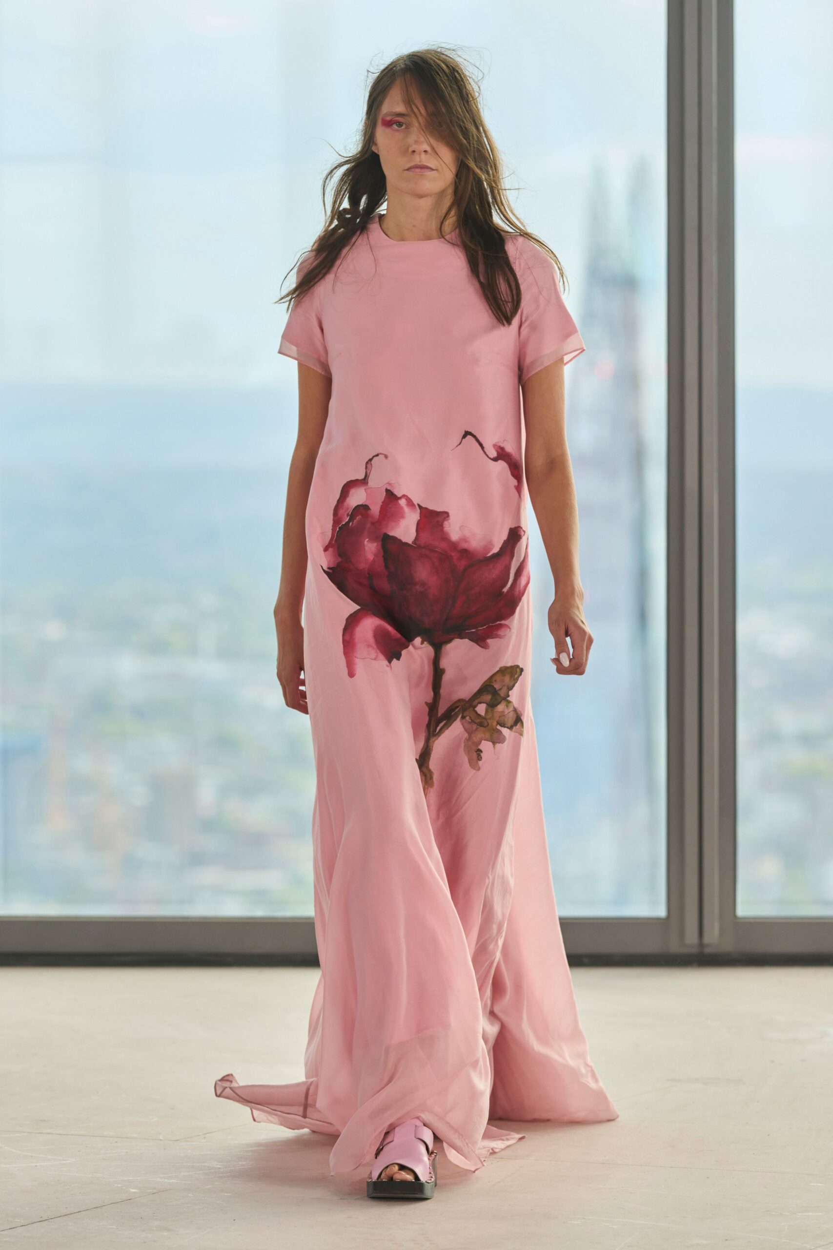 pink silk short-sleeve collared relaxed printed flowing dress