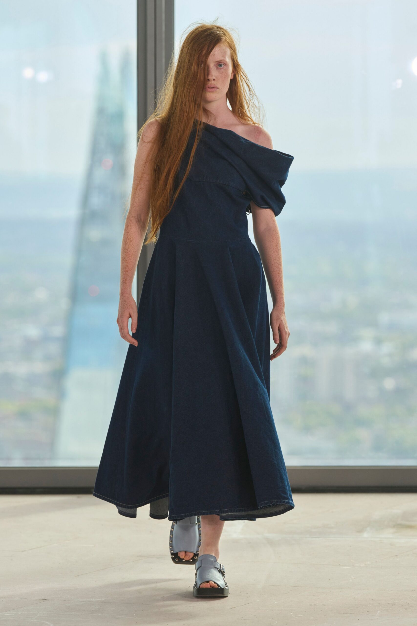 blue denim sleeveless off-shoulder fitted a-line midi dress