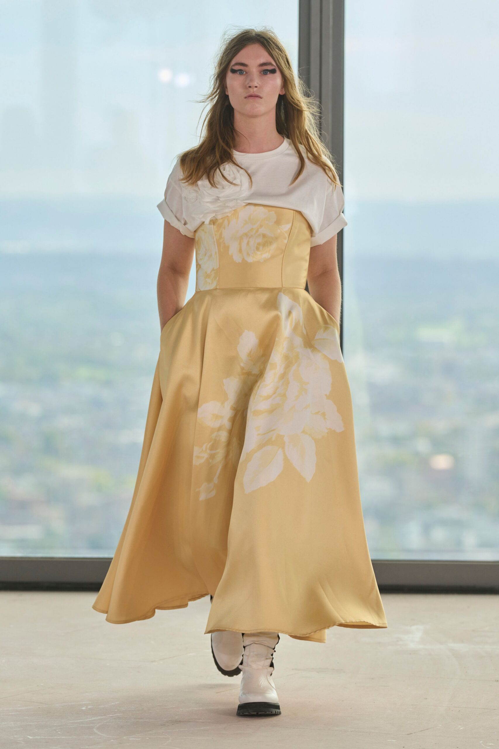 yellow silk sleeveless high-neck fitted floral pleated dress