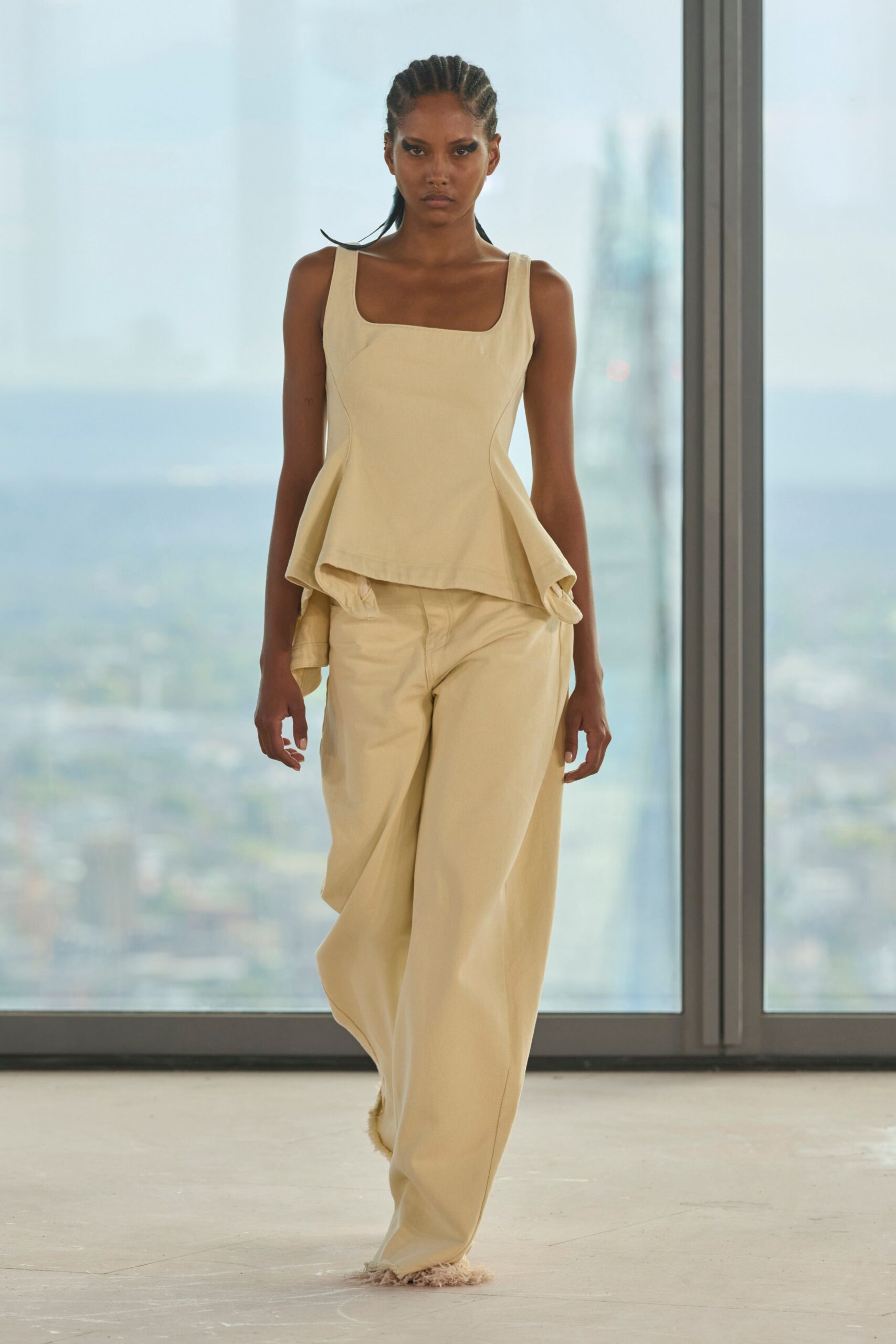 beige cotton sleeveless square-neck fitted flared top