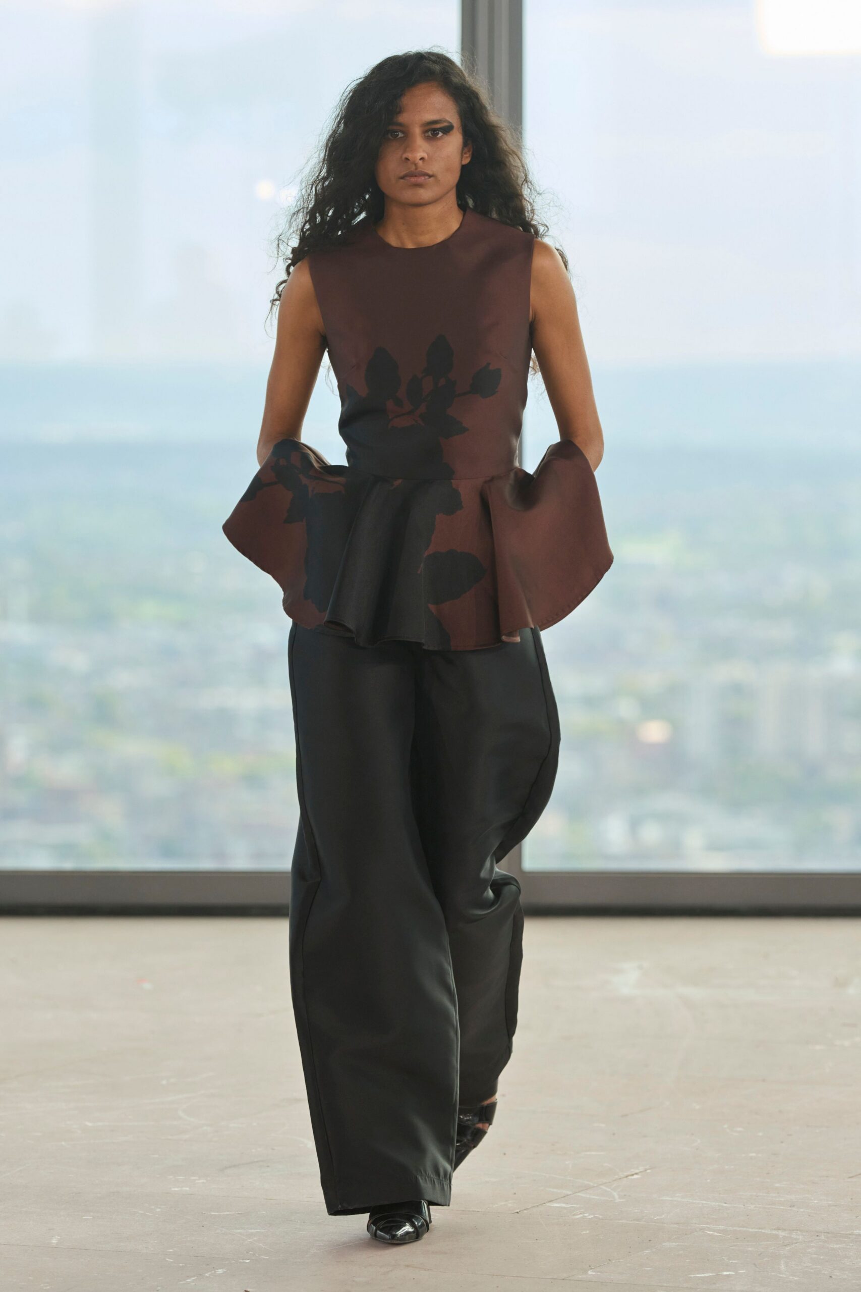 brown silk sleeveless high-neck fitted flared top