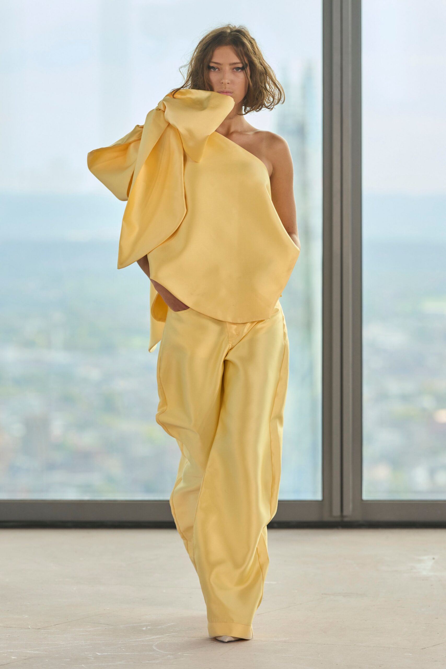 yellow silk sleeveless asymmetric relaxed draped flowing top