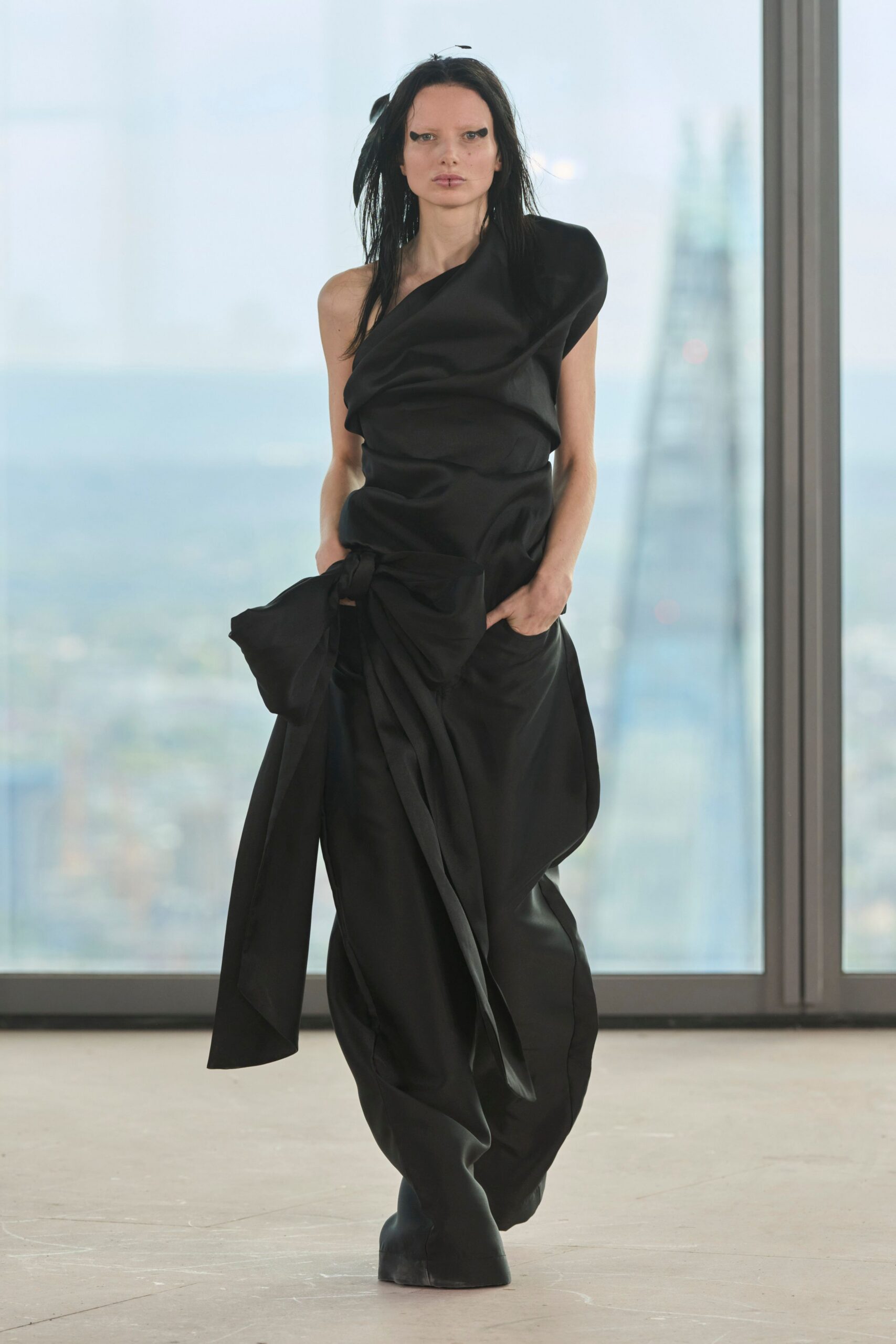 black silk asymmetric gown