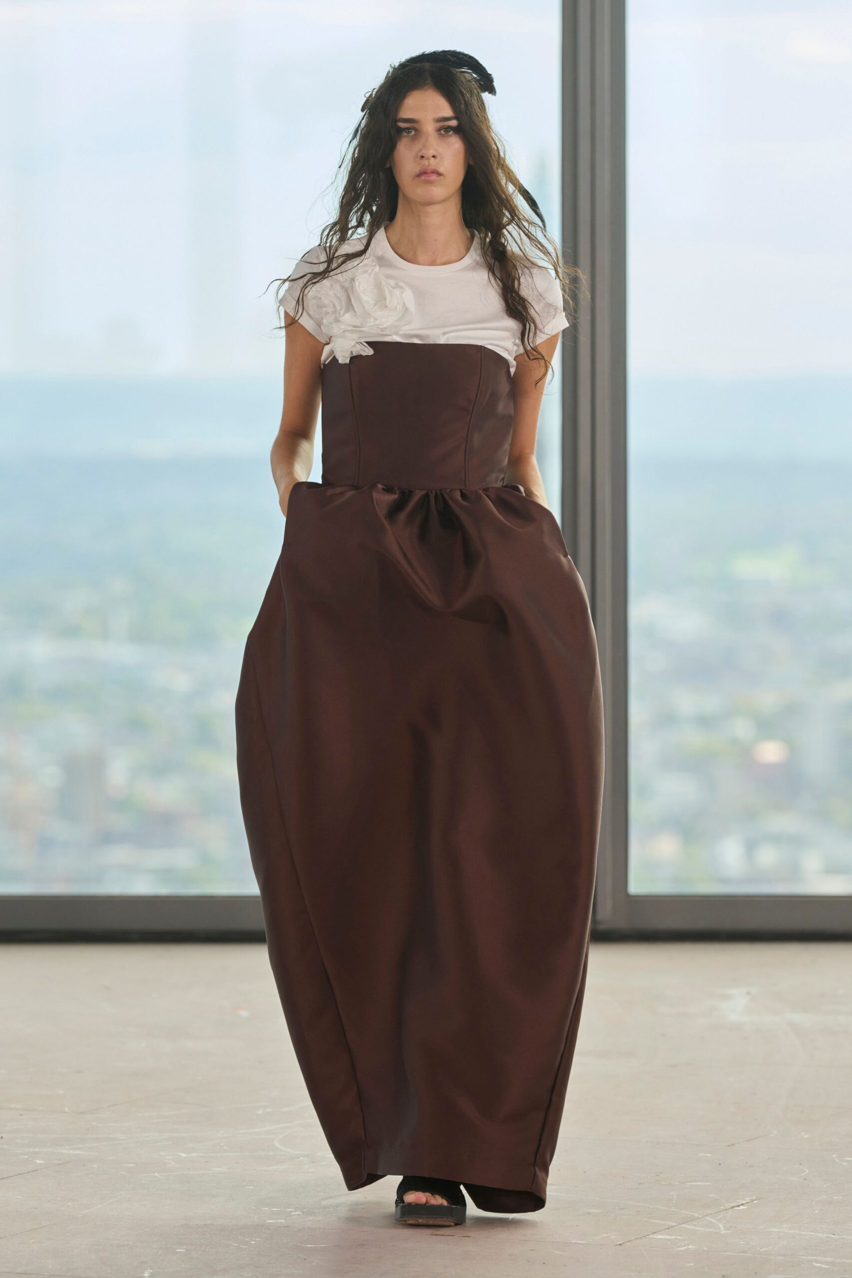 brown silk sleeveless v-neck fitted layered pleated dress