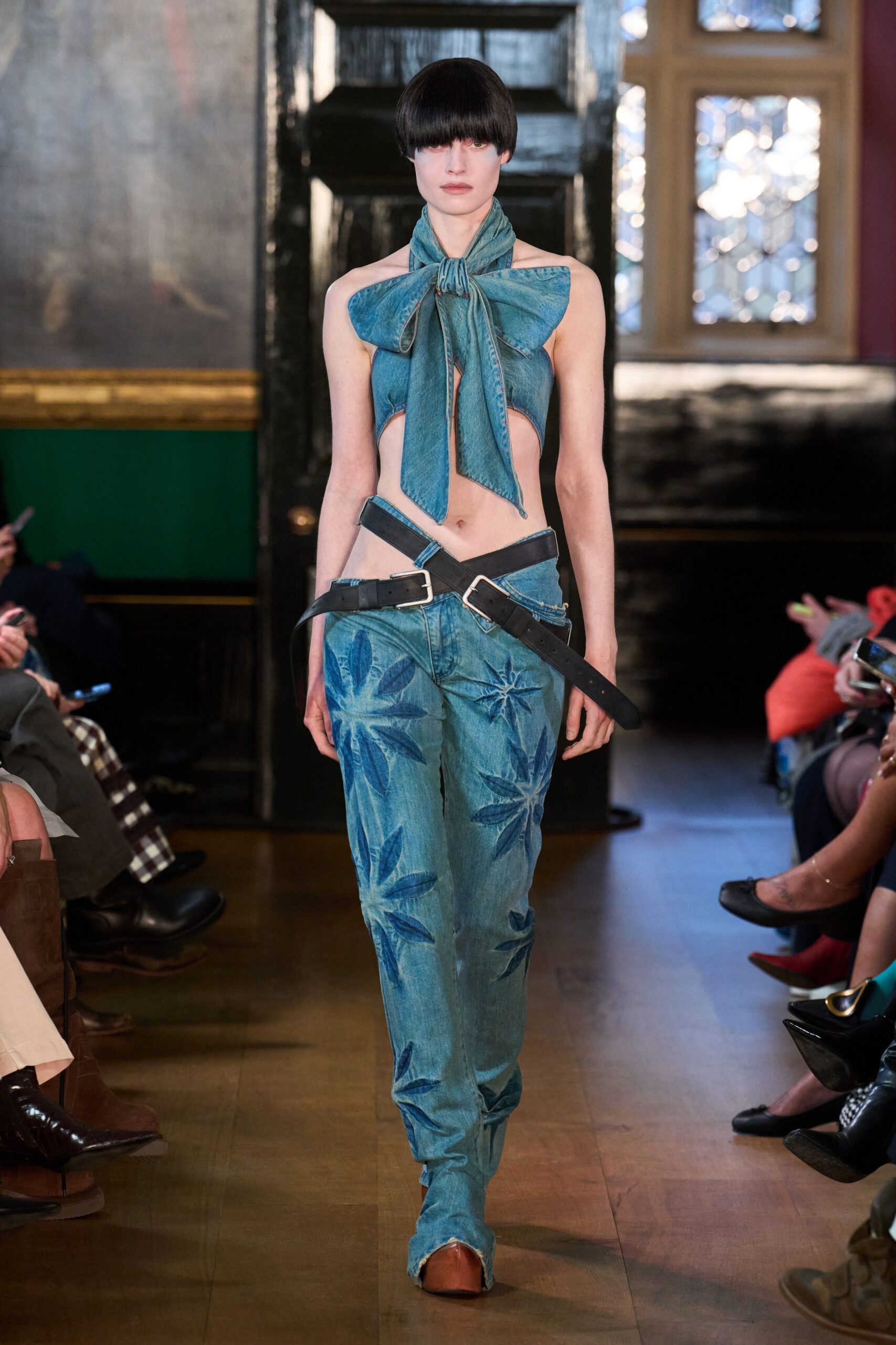 blue denim sleeveless collared fitted top