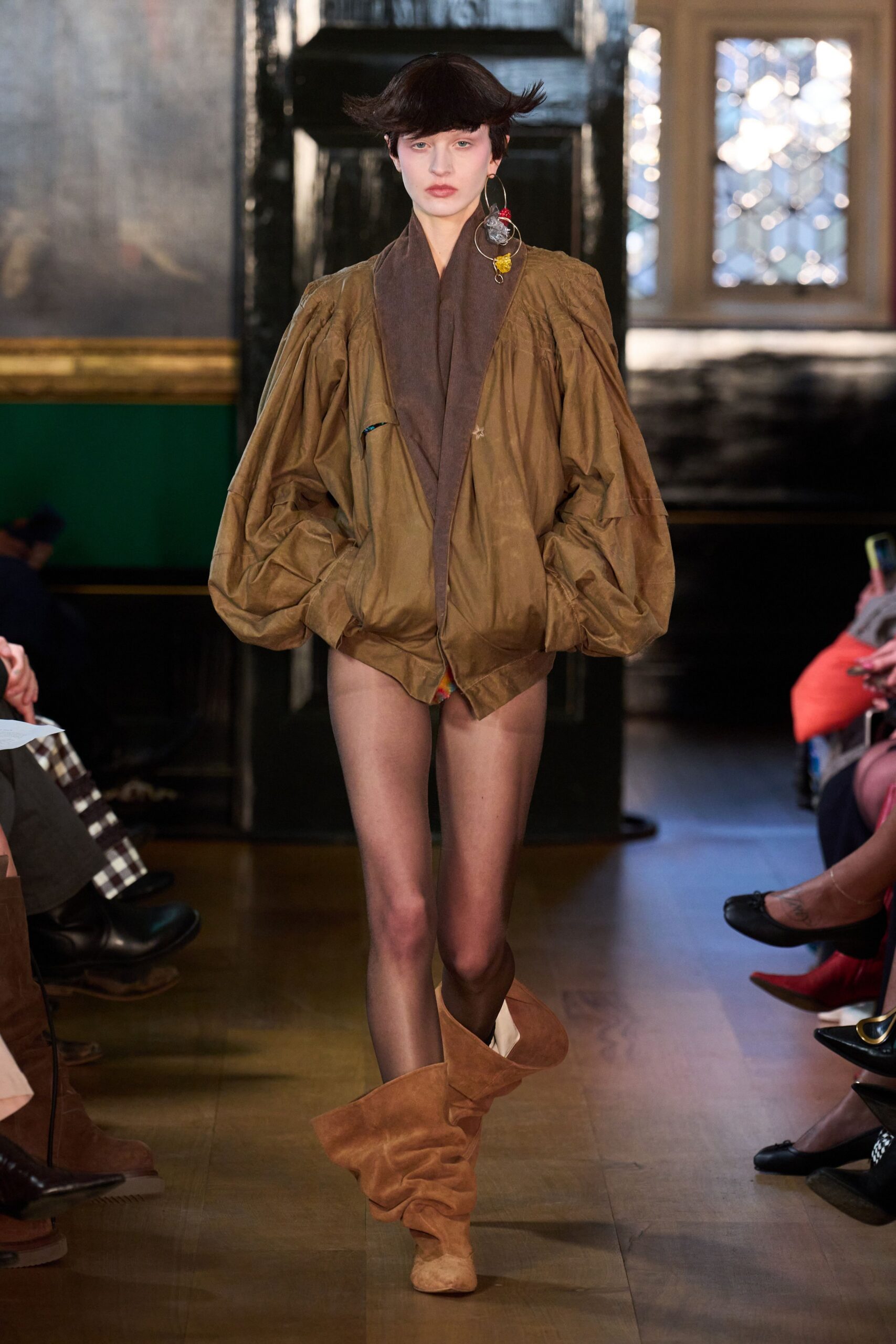 oversized brown jacket with red shorts