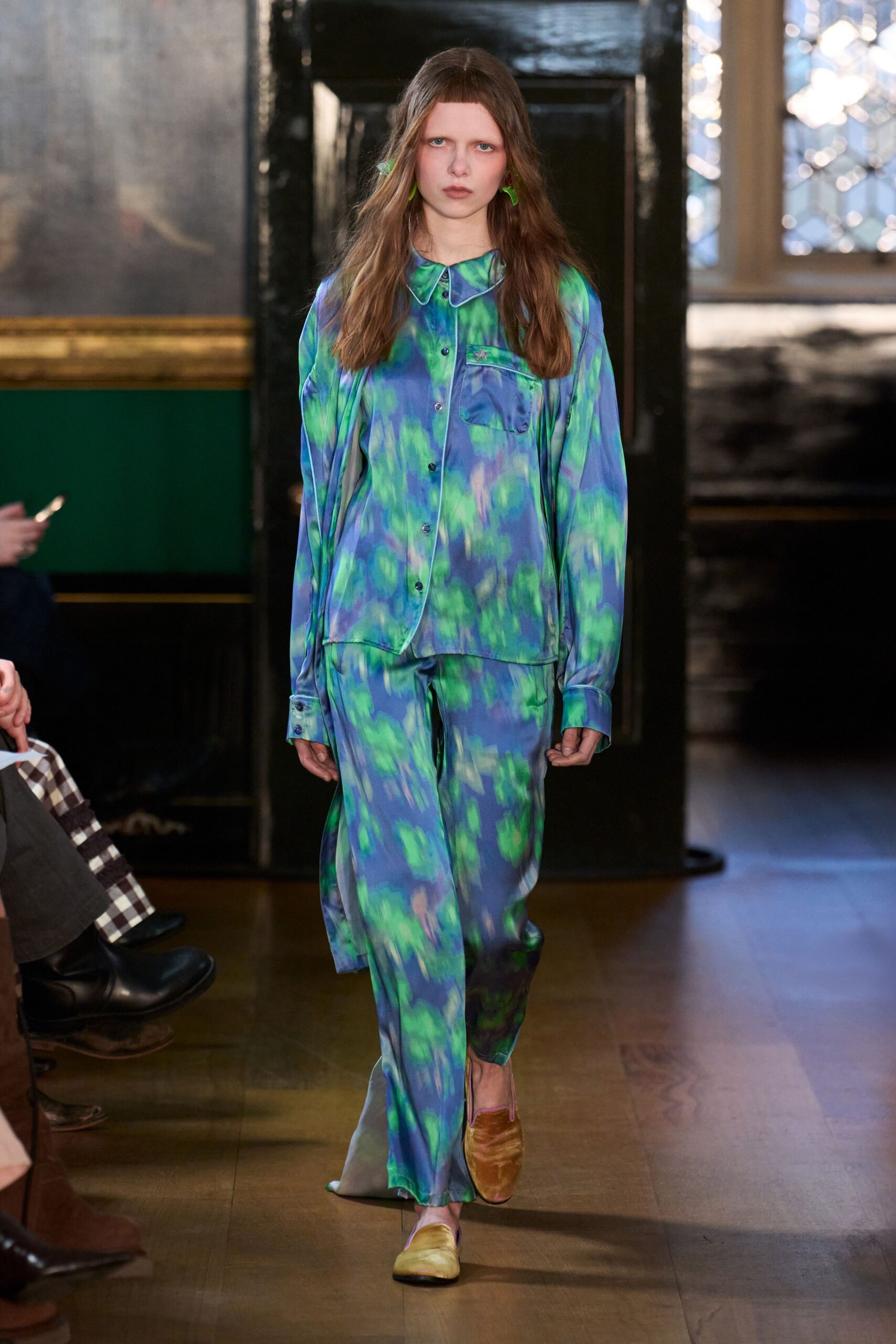 blue green printed silk outfit