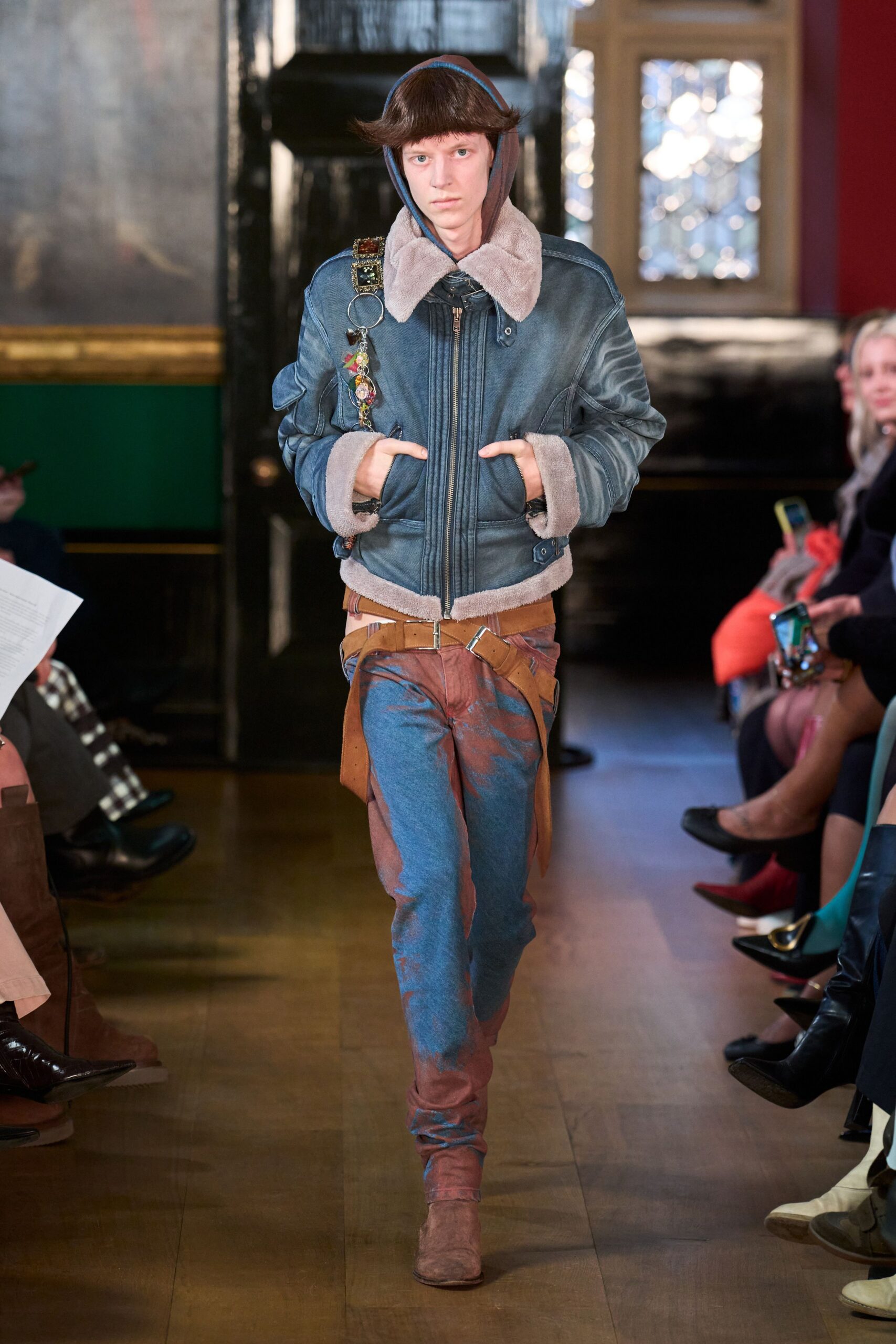blue denim jacket brown leather pants