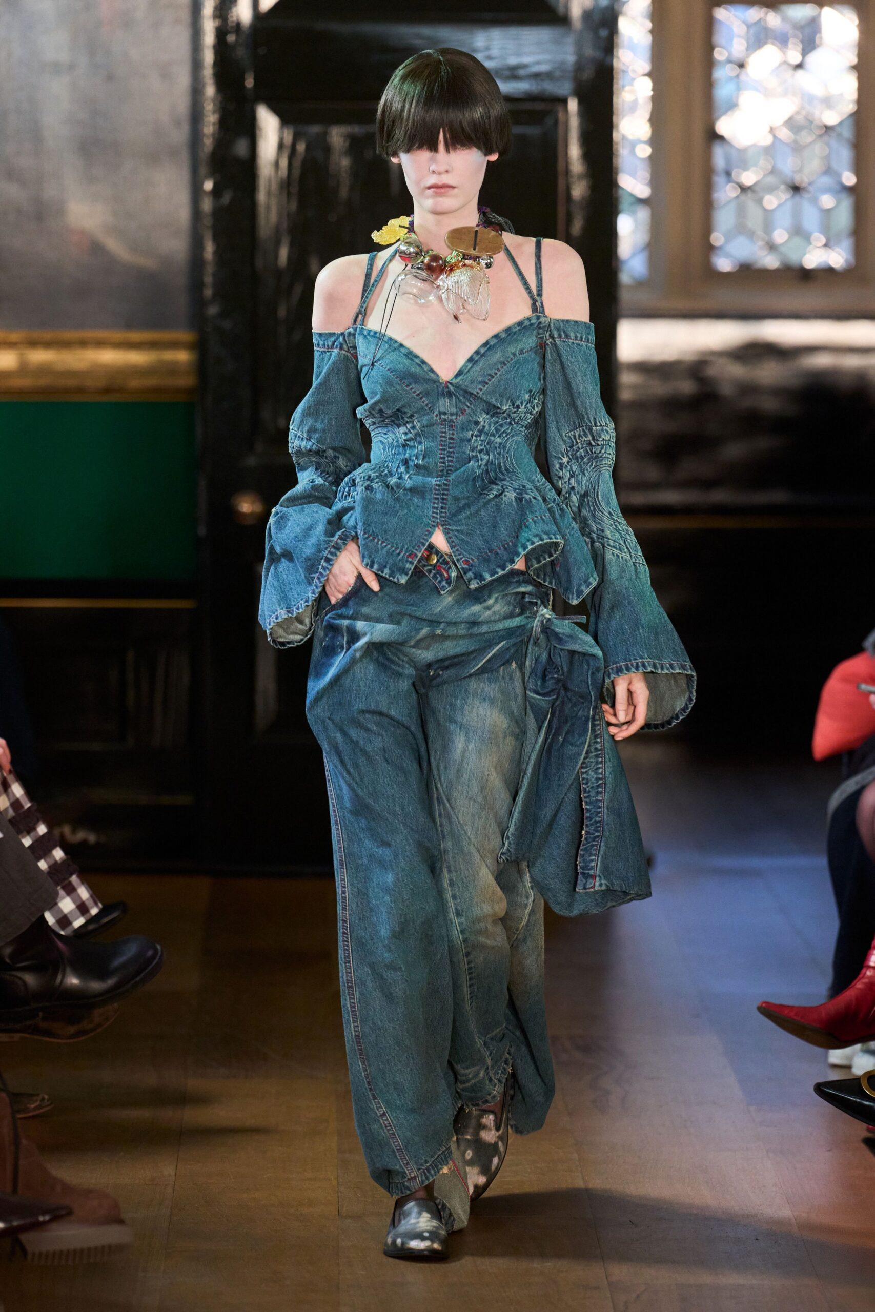 blue denim off-shoulder top with wide-leg pants