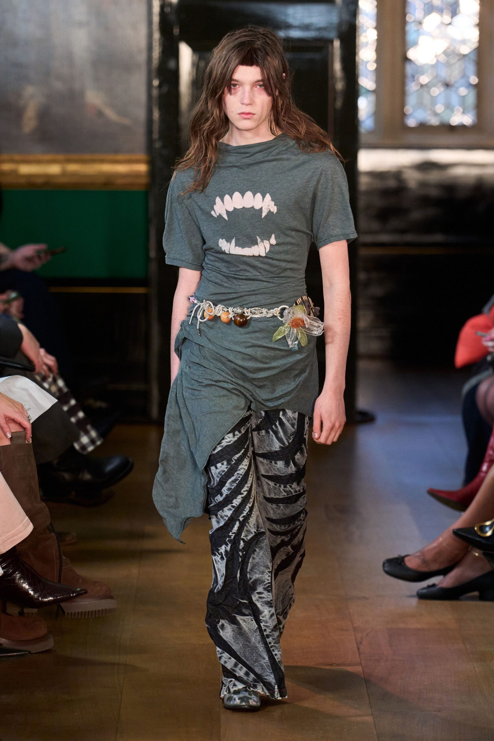 gray printed top with flared pants