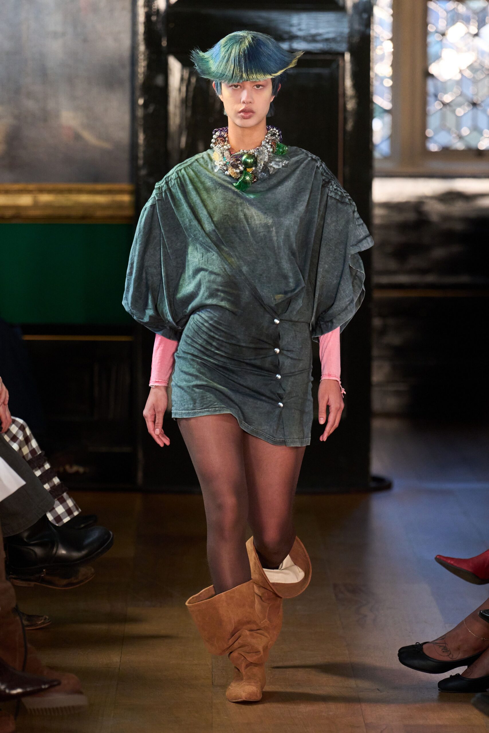 green velvet mini dress with boots