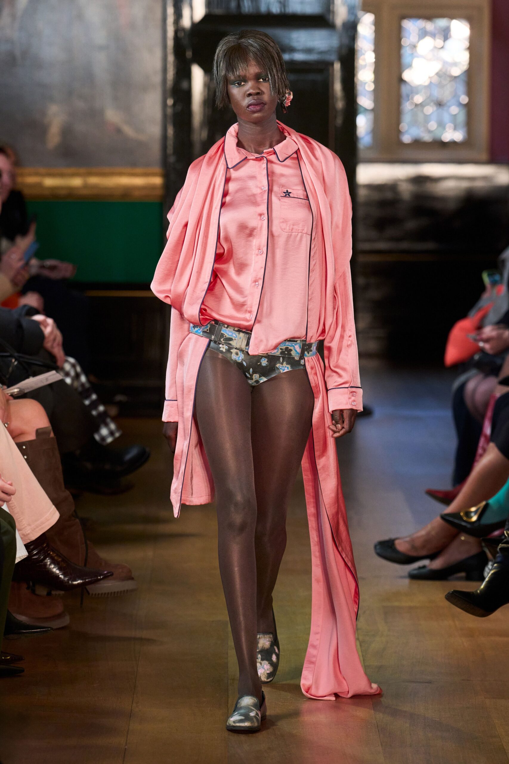 pink silk shirt with multi shorts