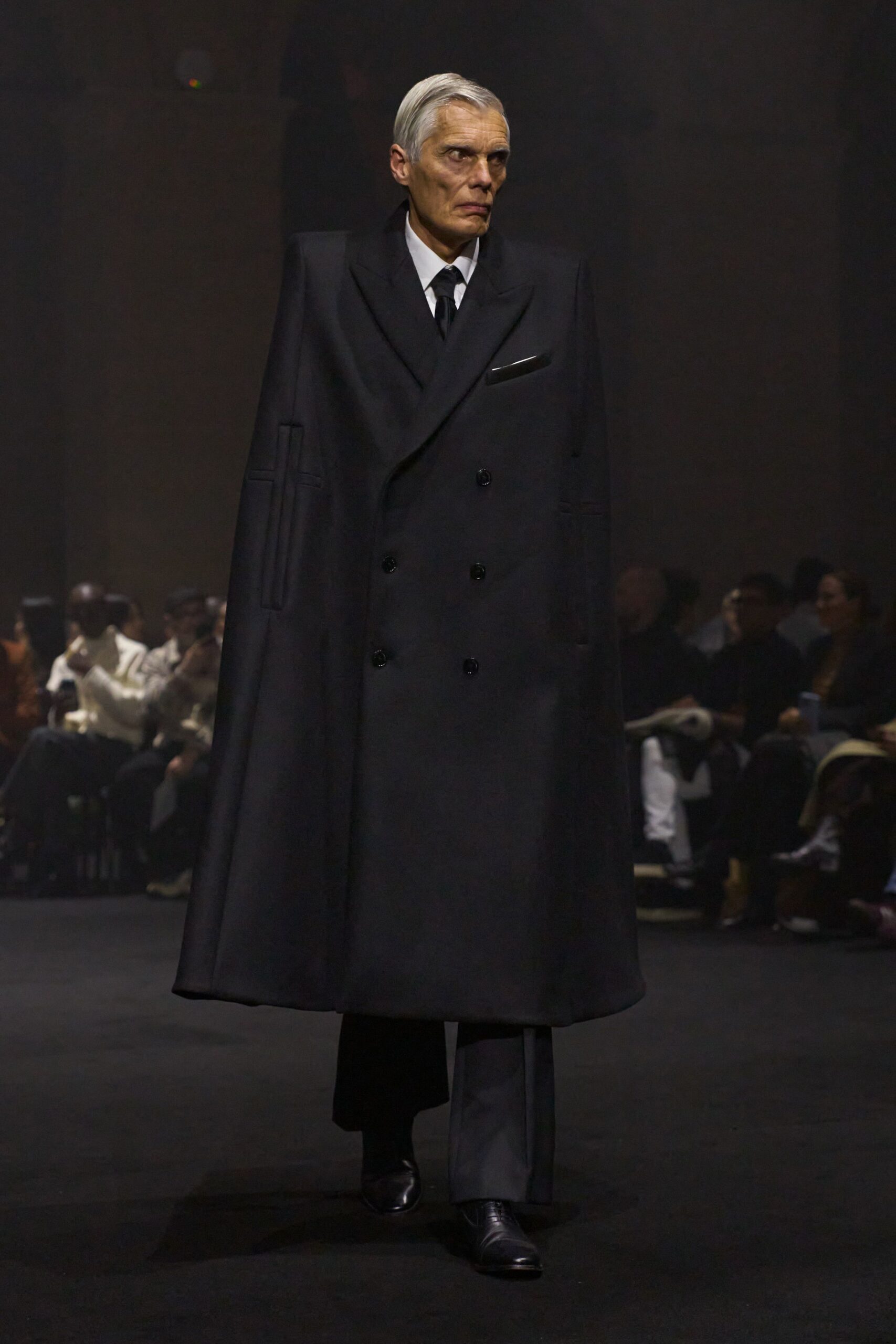 black wool long-sleeve double-breasted structured cape