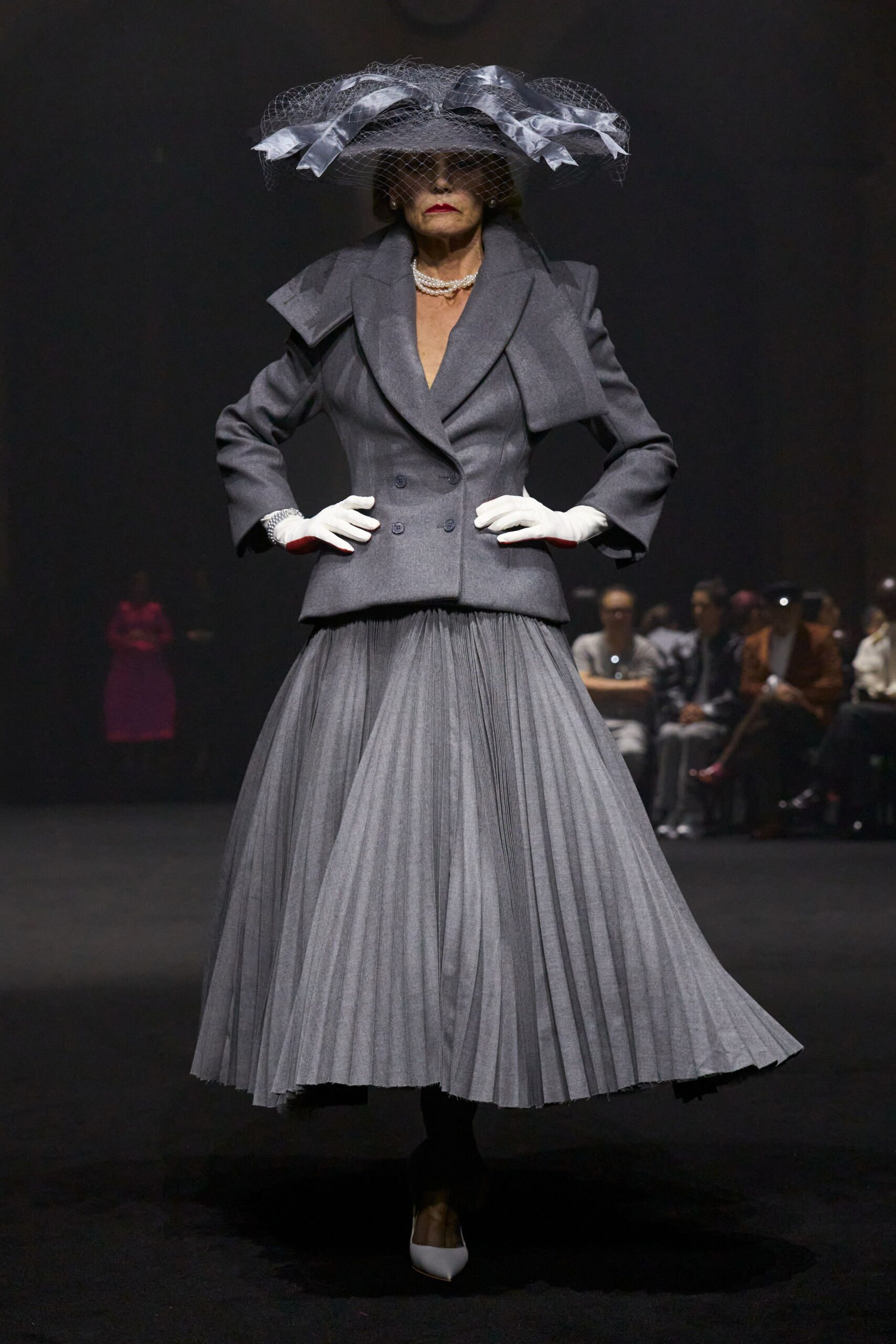 gray tailored blazer and pleated skirt
