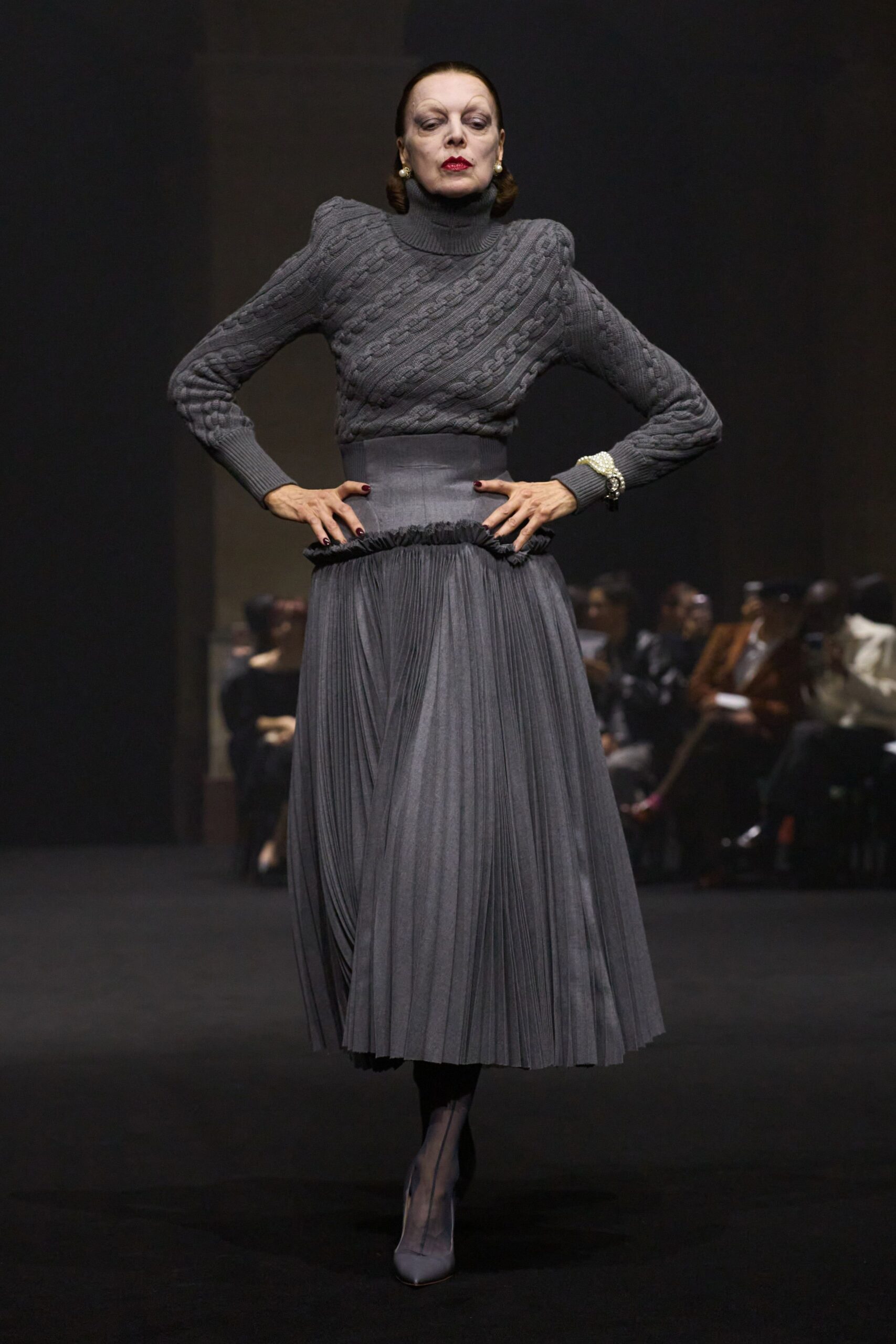 gray wool long-sleeve high-neck fitted ribbed top