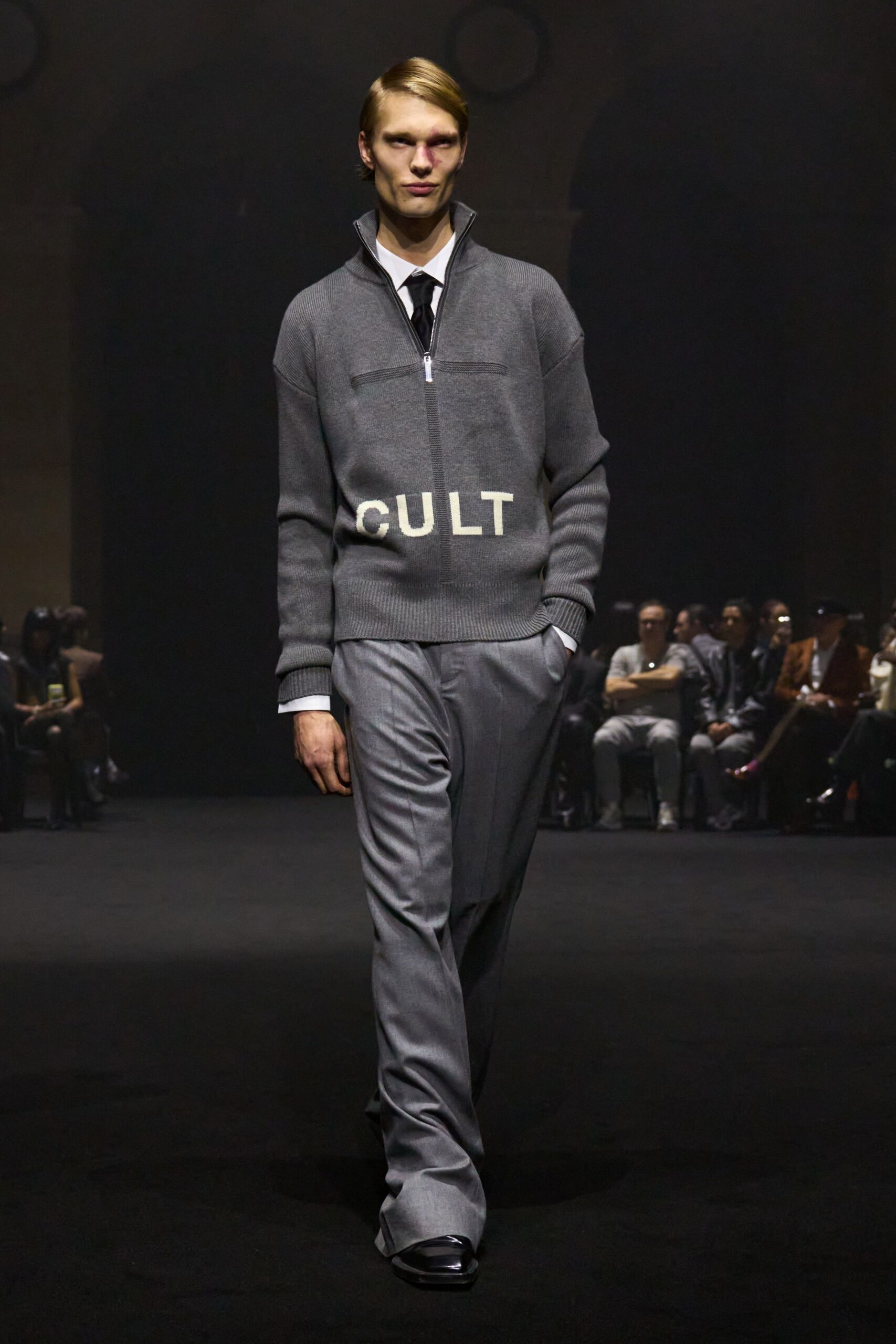 gray wool long-sleeve collared relaxed zippered sweater