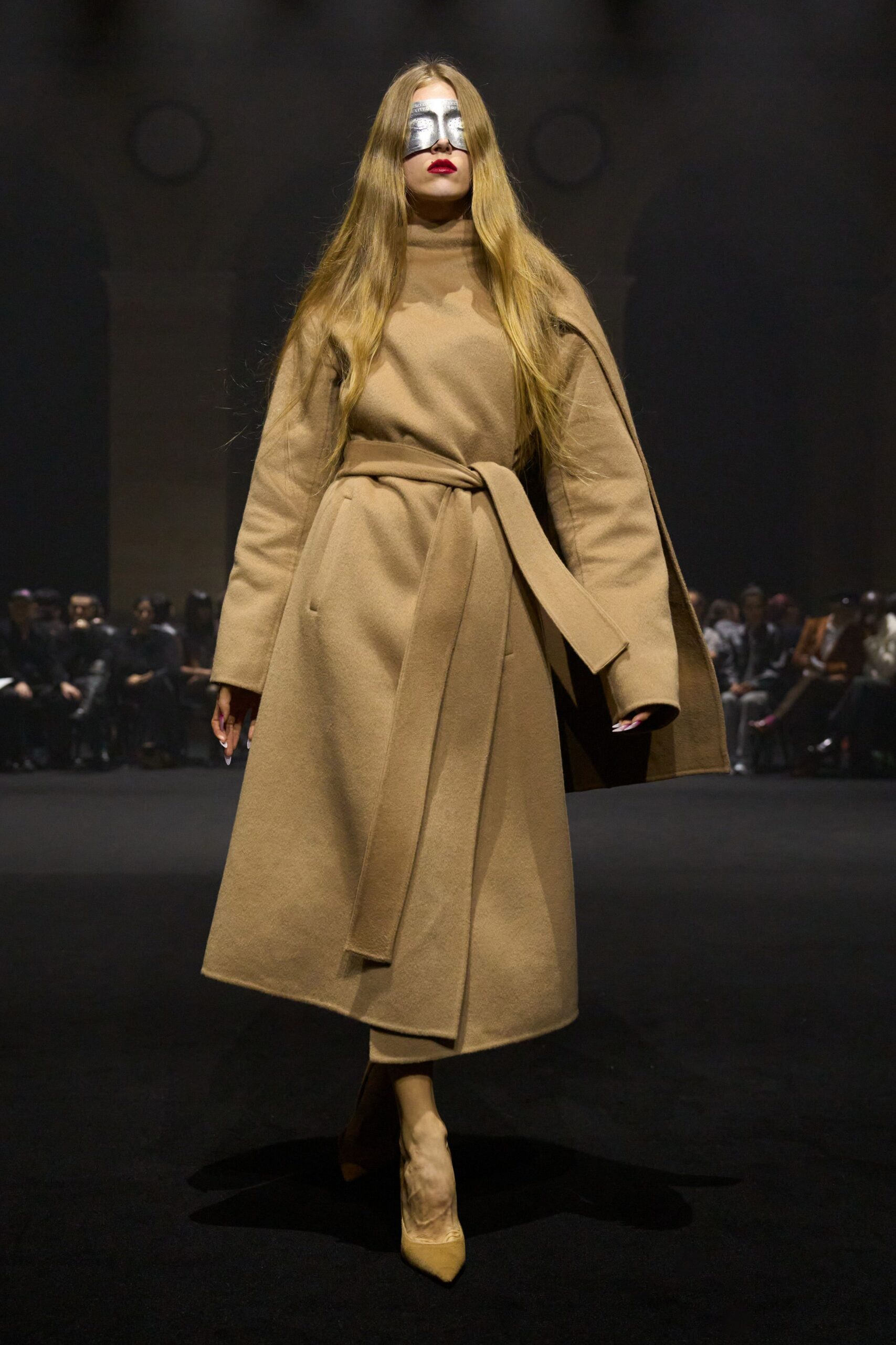 beige wool long-sleeve collared relaxed belted midi coat