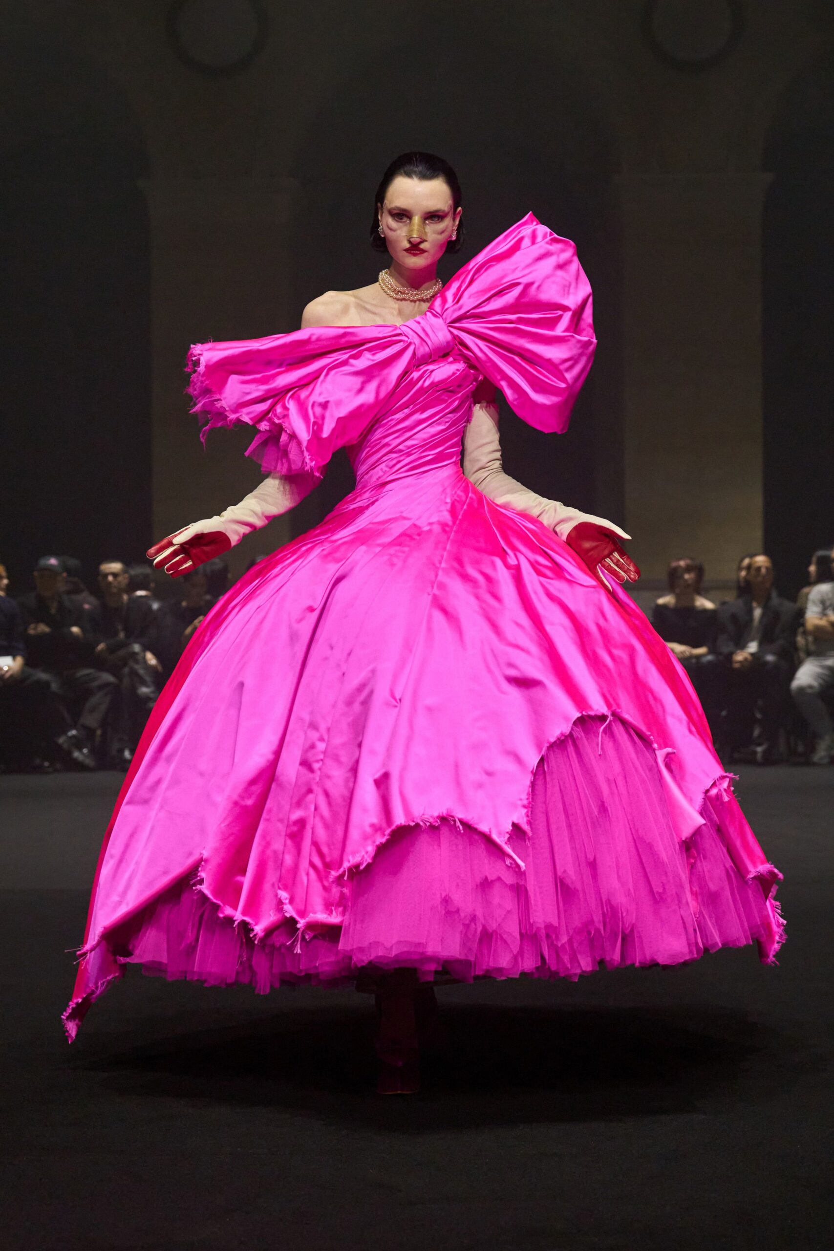 pink silk off-shoulder fitted pleated ruffled maxi gown