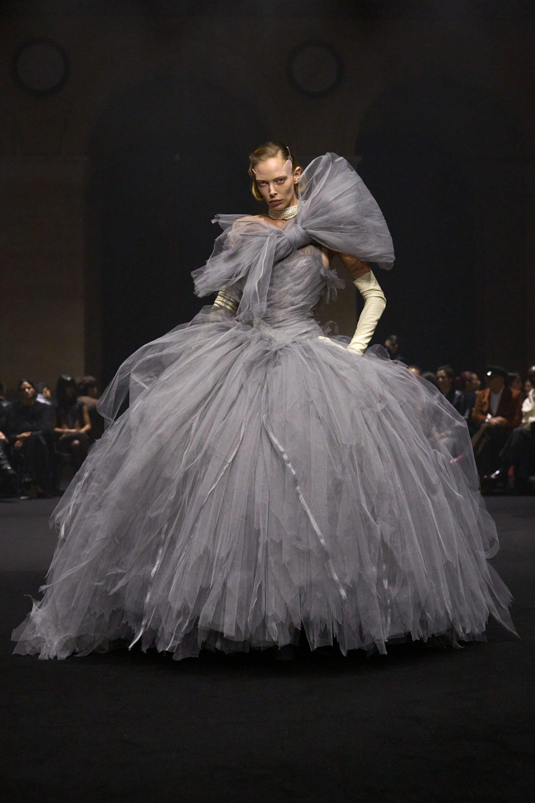 gray tulle ruffled gown