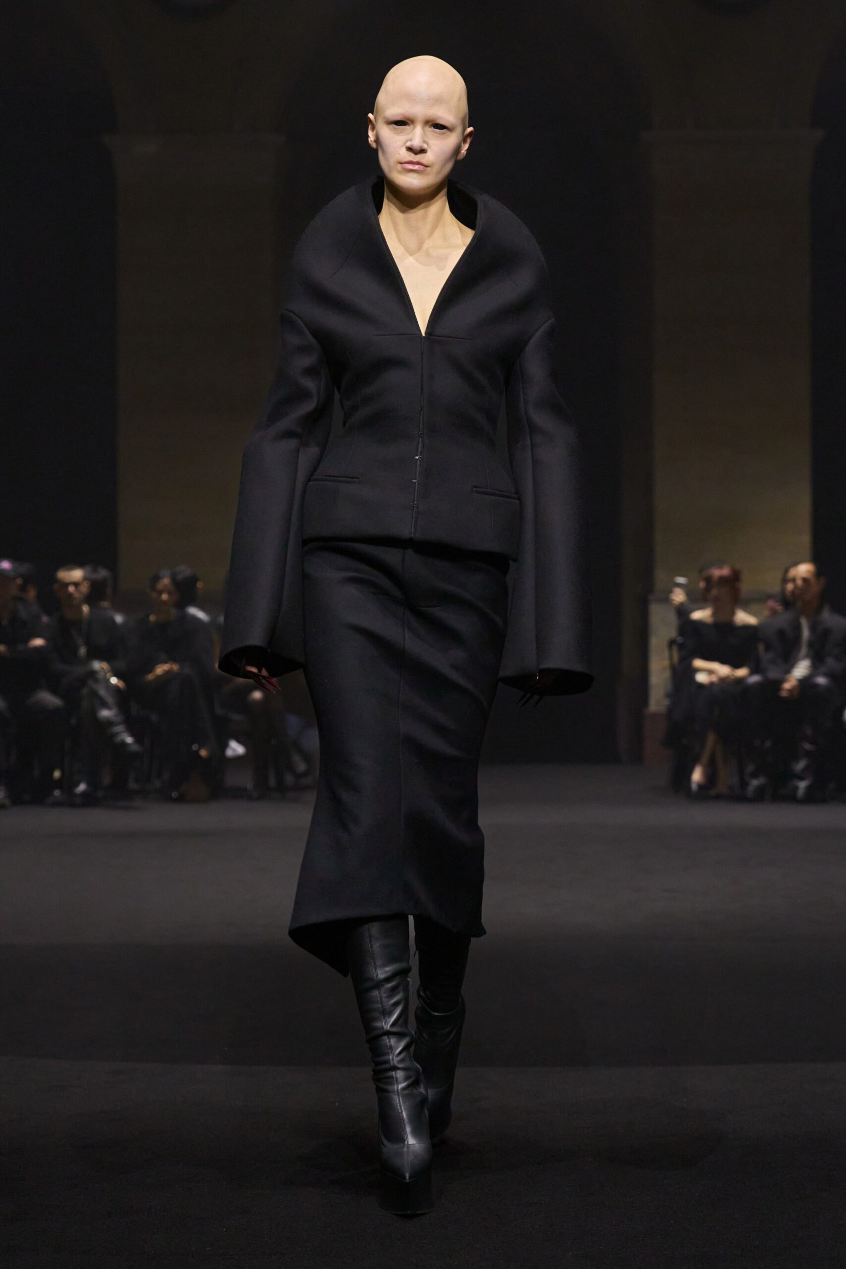 black wool long-sleeve v-neck fitted pencil midi dress