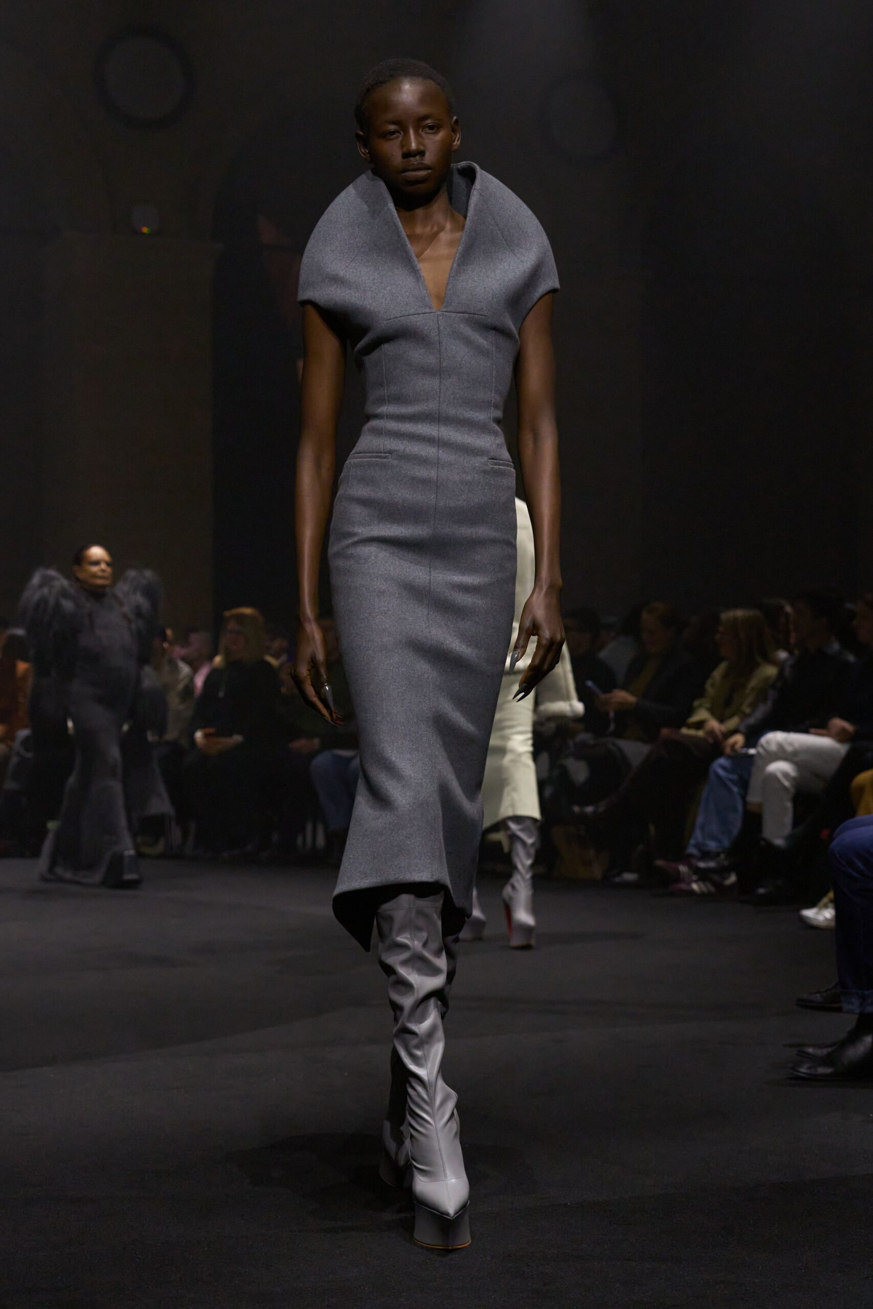 gray wool sleeveless v-neck fitted structured midi dress