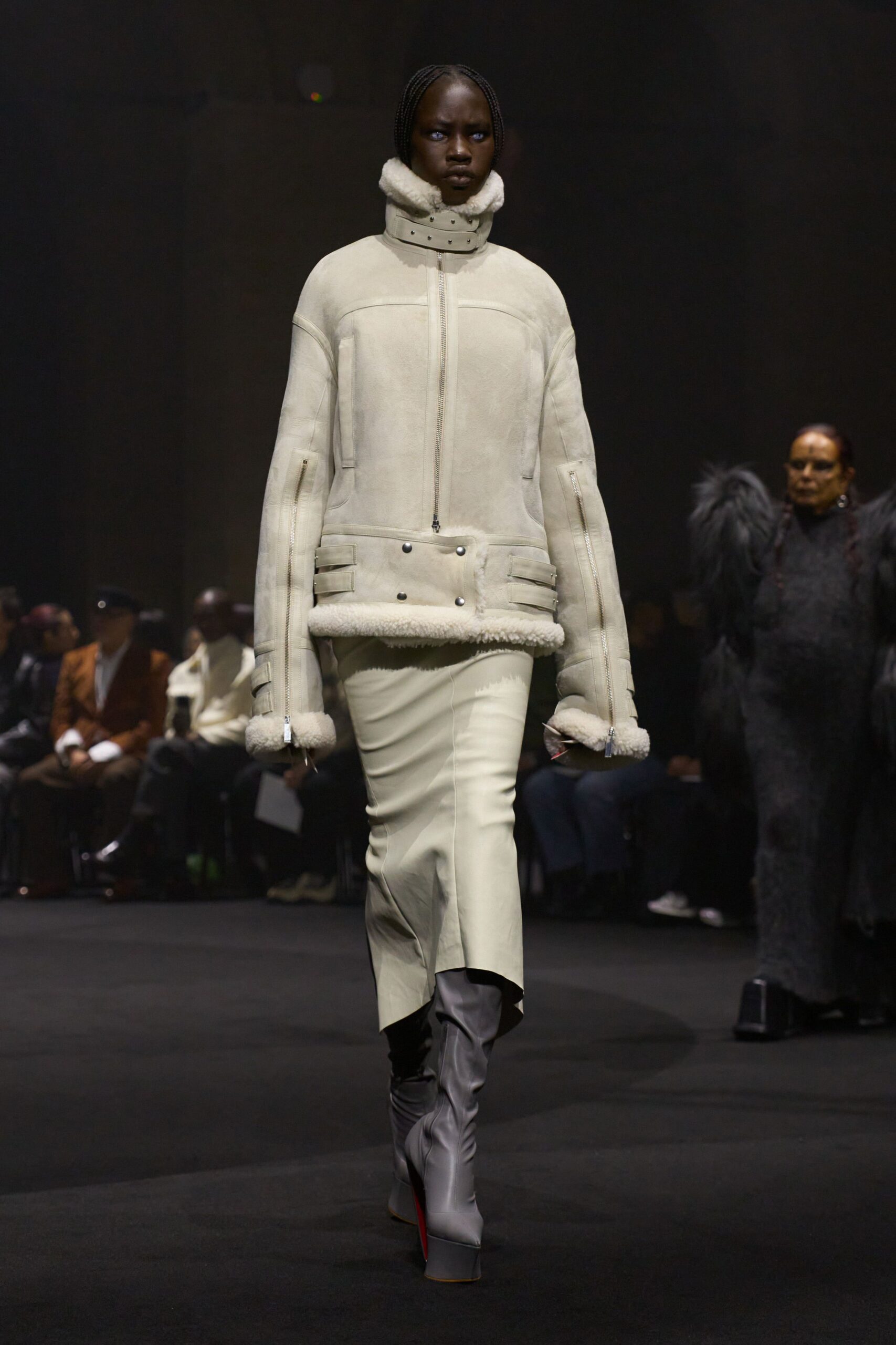 white leather long-sleeve collared oversized zippered jacket